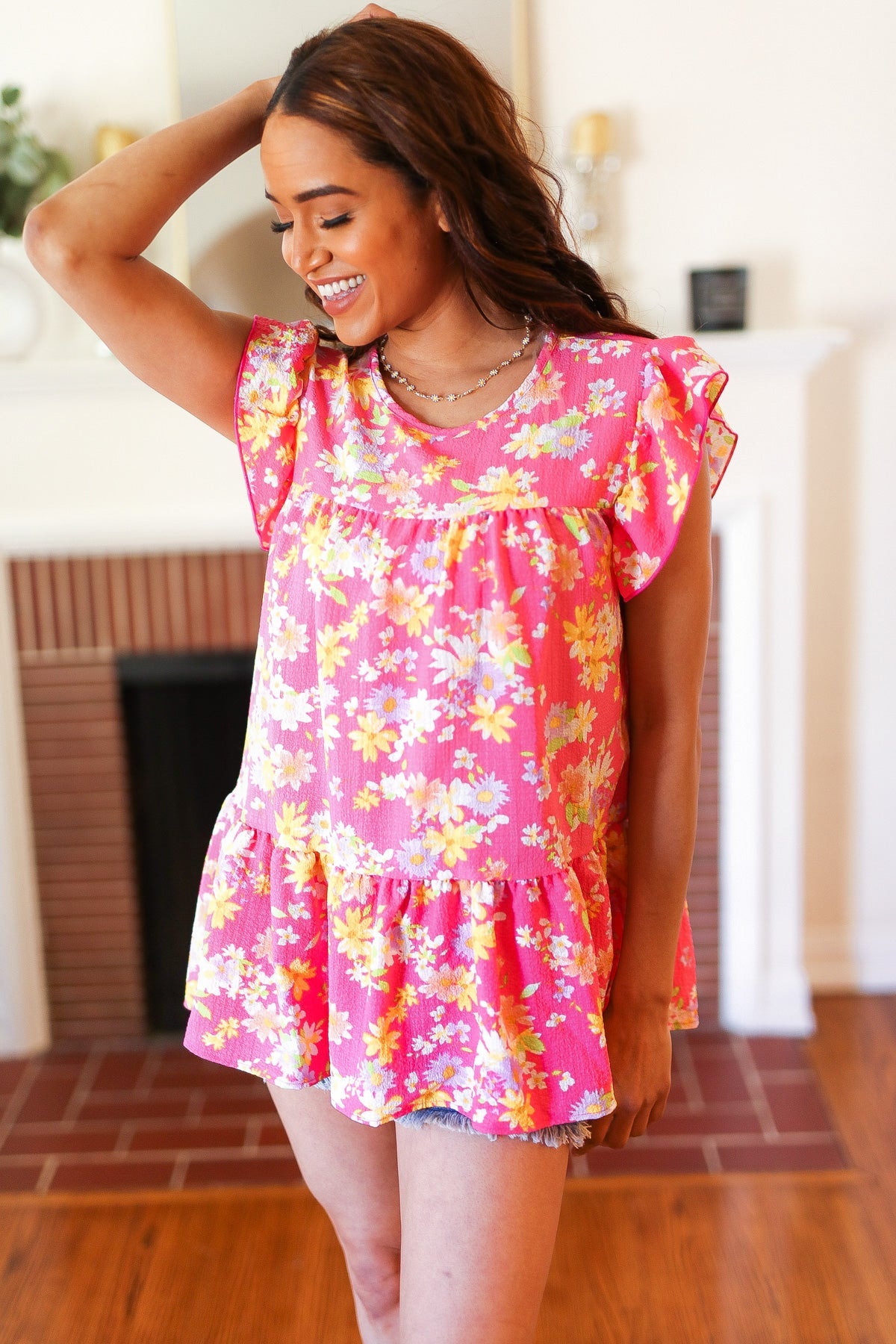 Diva Pink Floral Yoke Flutter Sleeve Keyhole Back Top for Women - Summer Boho Blouse for Beach, Party & Date Night Outfits