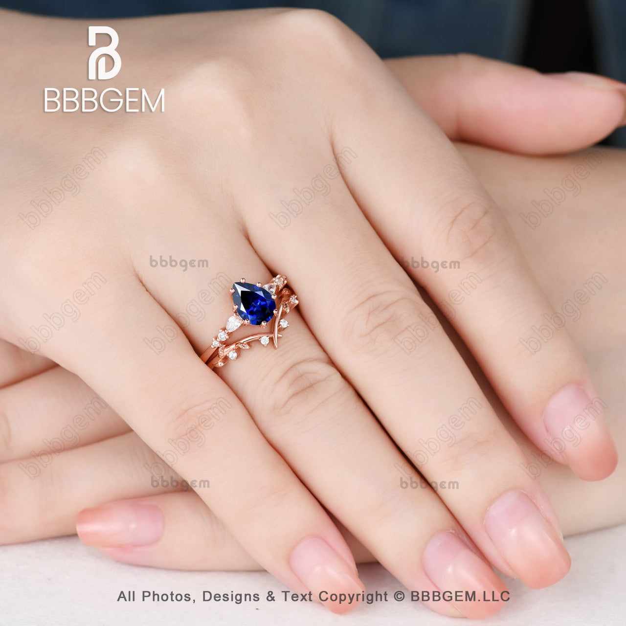 Art Deco Vine Pear Blue Sapphire & Moissanite Promise Ring Set for Women - Nature Inspired Rose Gold Jewelry for Engagement, Wedding & Special Occasions