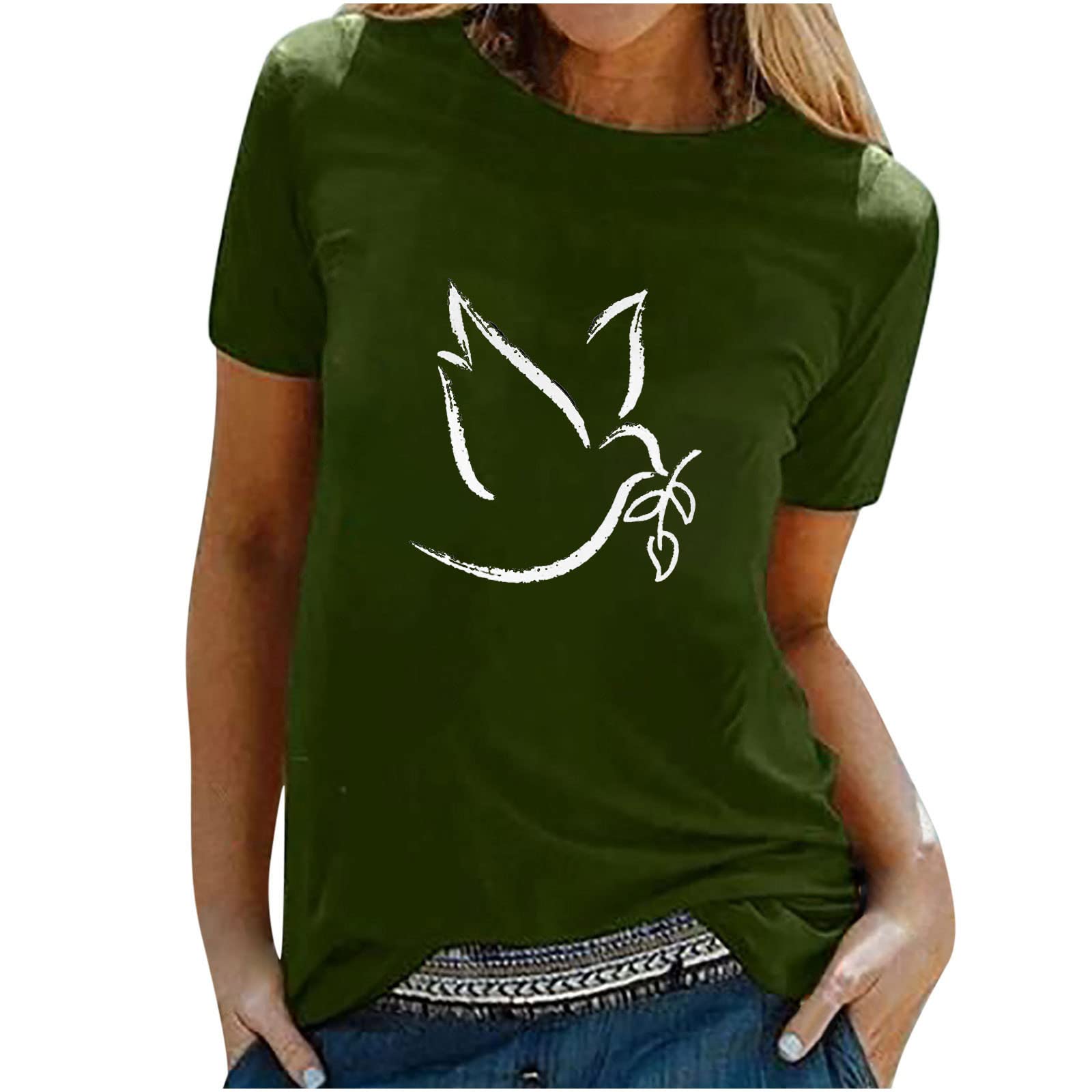 Women's Summer Short Sleeve T-Shirt - Pigeon Graphic Crewneck Casual Blouse | Loose Fit Solid Color Basic Top for Everyday Wear, Outings & Vacation
