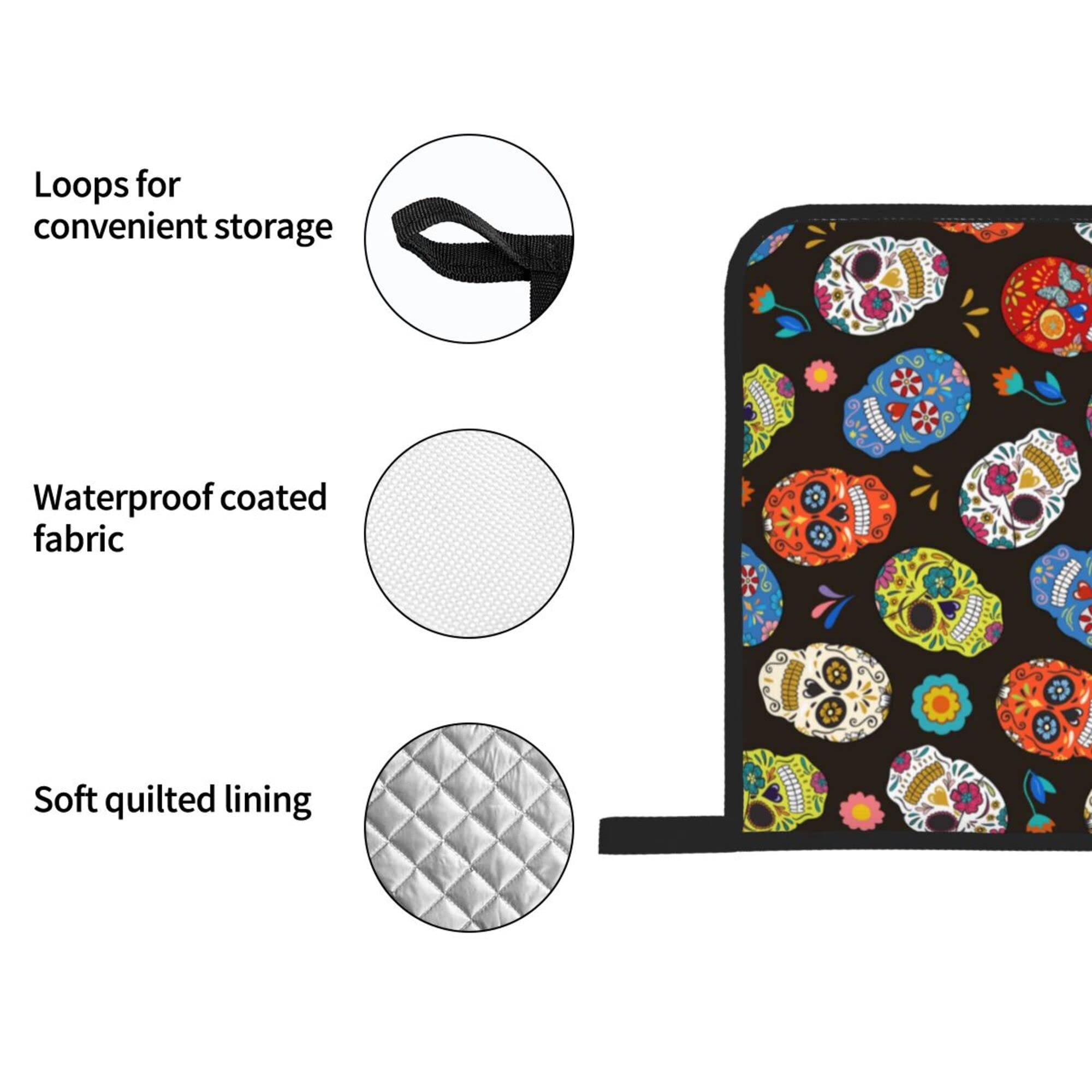 Sugar Skull Oven Mitts and Pot Holders Set - Heat Resistant, Waterproof & Durable Kitchen Accessories for BBQ, Baking & Cooking - Perfect Gift for Home Chefs & Halloween Decor