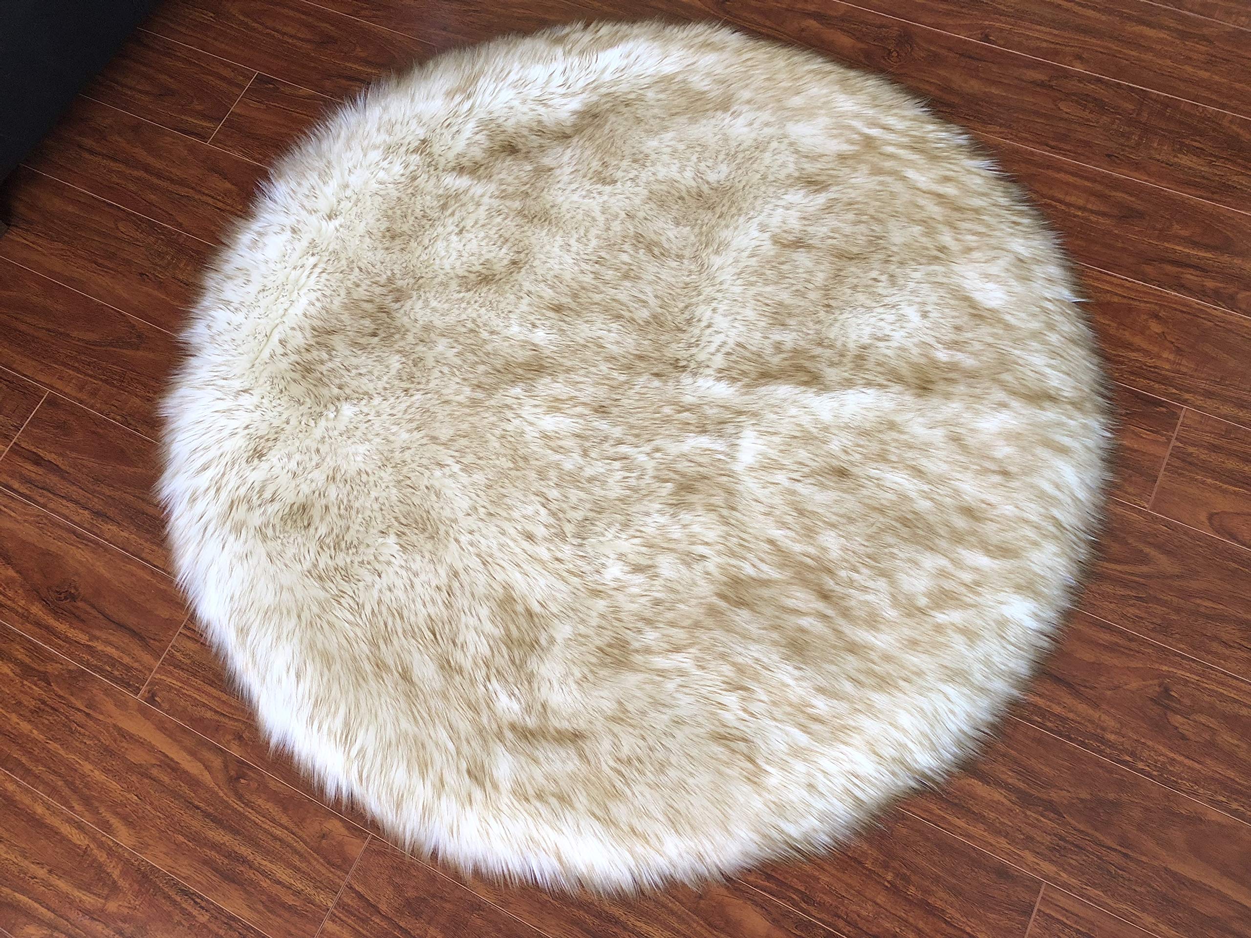 Luxury Faux Sheepskin Rug - Super Soft Hypoallergenic Plush Fur Carpet for Bedroom, Living Room, Nursery | Round Shaggy Silky Floor Mat (4ft/120cm, White with Brown Tips) | Perfect for Cozy Home Decor, Kids Play Area & Sofa Accent