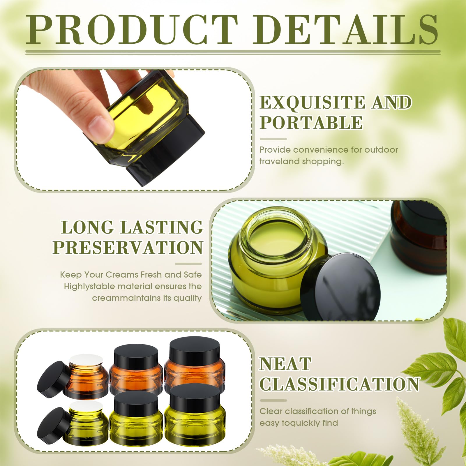 6-Piece Small Glass Jars with Airtight Lids - 0.5/1/2 oz Travel-Sized Cosmetic Containers with Inner Liners - Perfect for Toiletries, Body Cream Samples & Skincare Products (Amber & Green) - Ideal for Travel, DIY Beauty, Gift Packaging & Home Organization