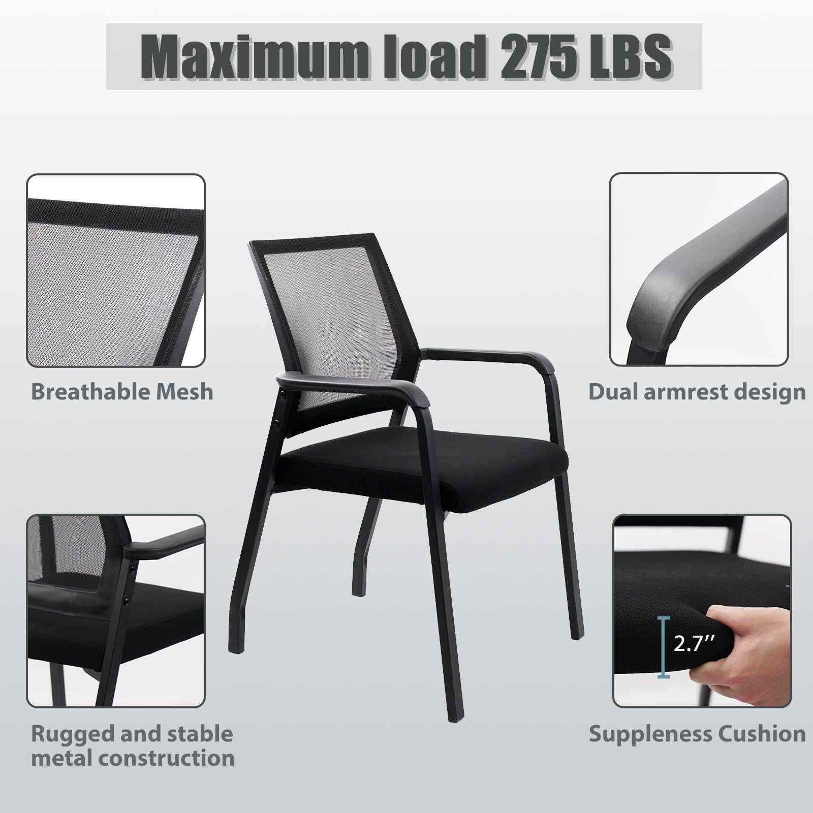 Ergonomic Arm Chair with Lumbar Support - No Wheels Desk Chair with Thickened Seat Cushion - 4 Pack Black Waiting Room Chairs for Office, School, Church & Guest Reception - Perfect for Conference Rooms, Home Offices, and Waiting Areas