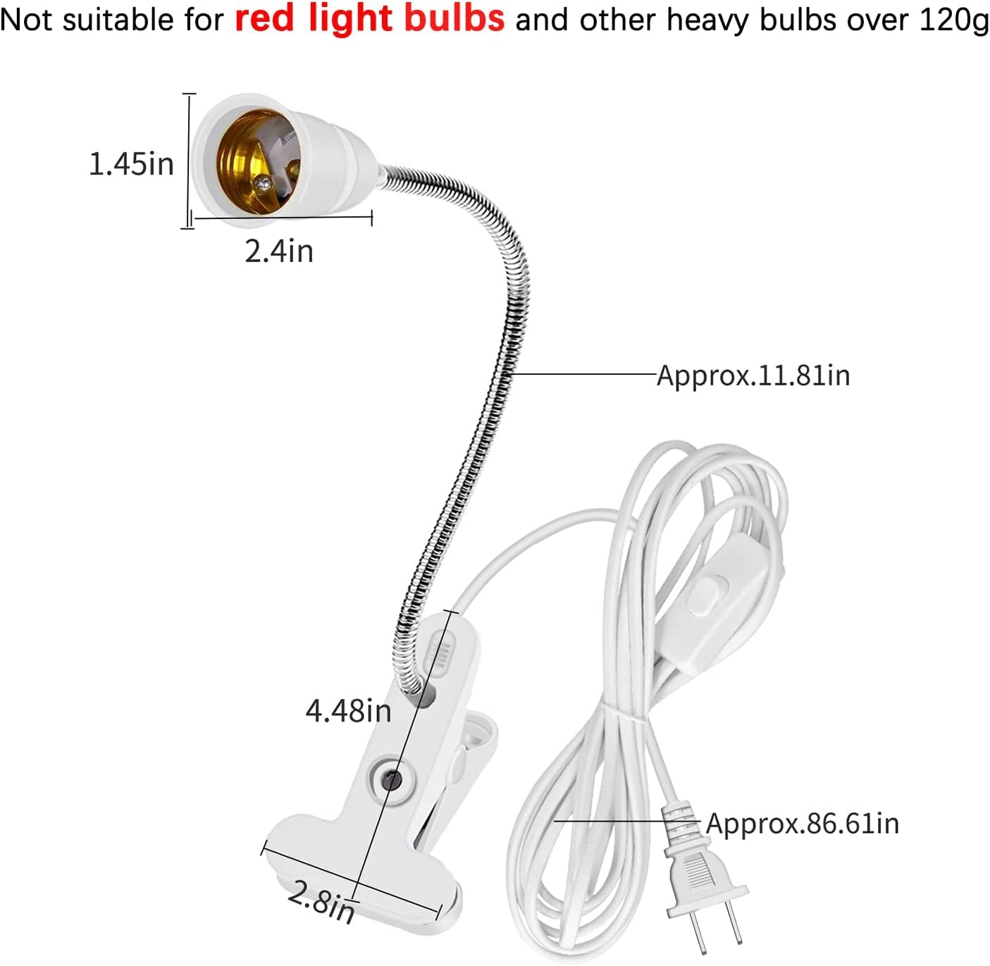 Bahong Clip Desk Lamp Socket - E26/E27 Flexible Light Bulb Holder with On/Off Switch - 86.6in Adjustable Table Reading Light & Night Light - Perfect for Home Office, Study, Bedroom, and Craft Room Lighting