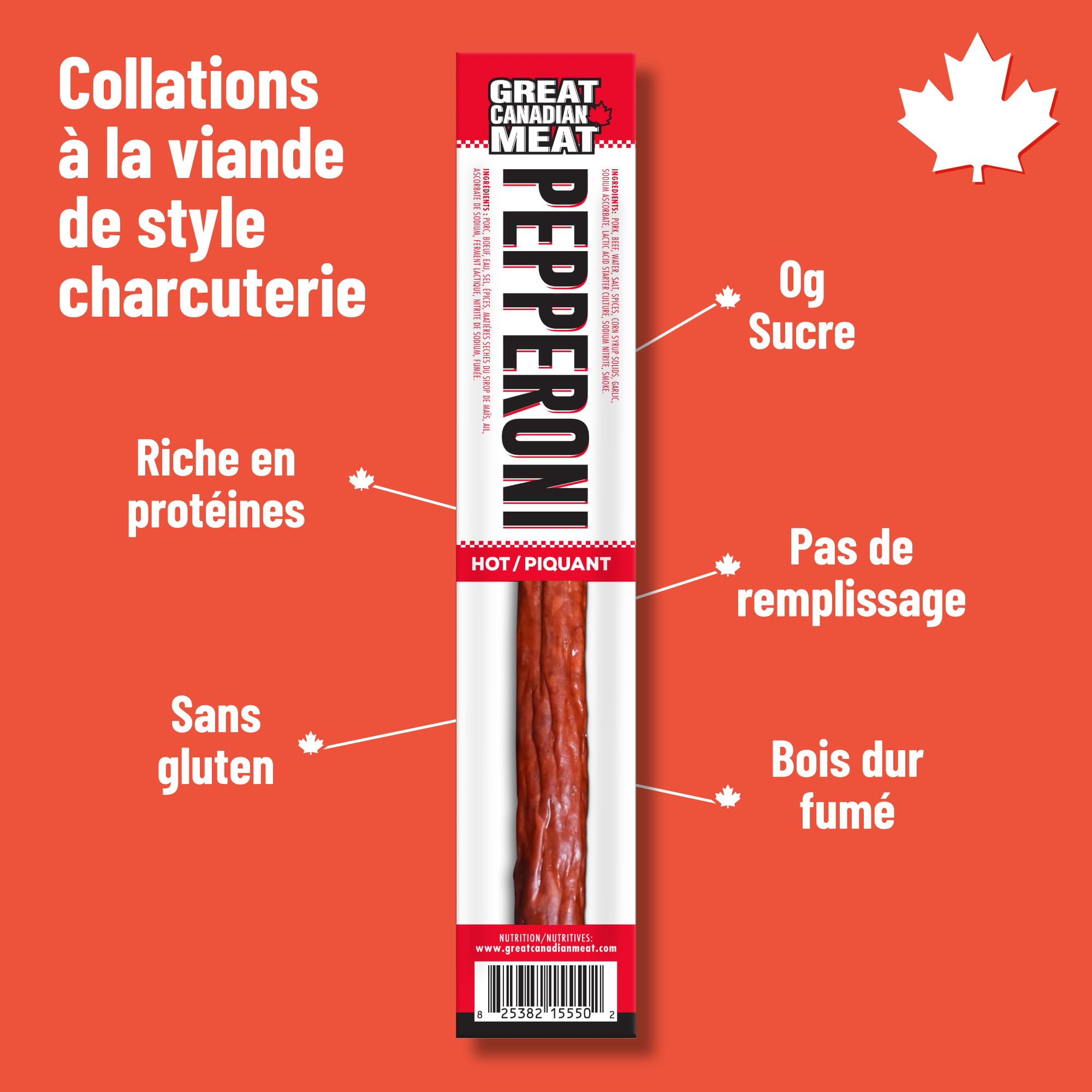 Great Canadian Meat Hot Pepperoni Sticks Box - 18 Sticks x 22g | Gluten Free, High Protein Meat Snacks for Carnivores | Perfect for On-the-Go Snacking, Camping, Hiking & Road Trips