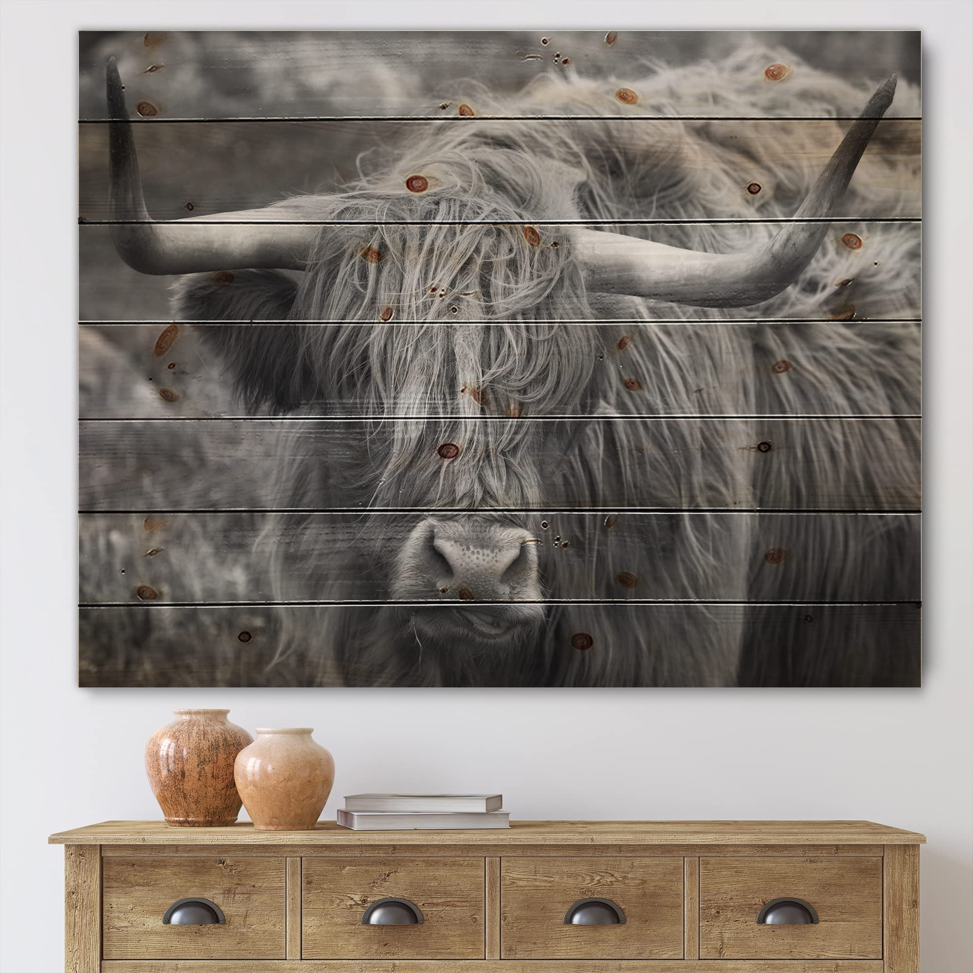 Scottish Highland Cow on Moorland - Farmhouse Wood Wall Decor, Grey Wood Wall Art, Large Animal Wood Panel Printed on Natural Pine - Perfect for Rustic Home, Cabin & Countryside Decor