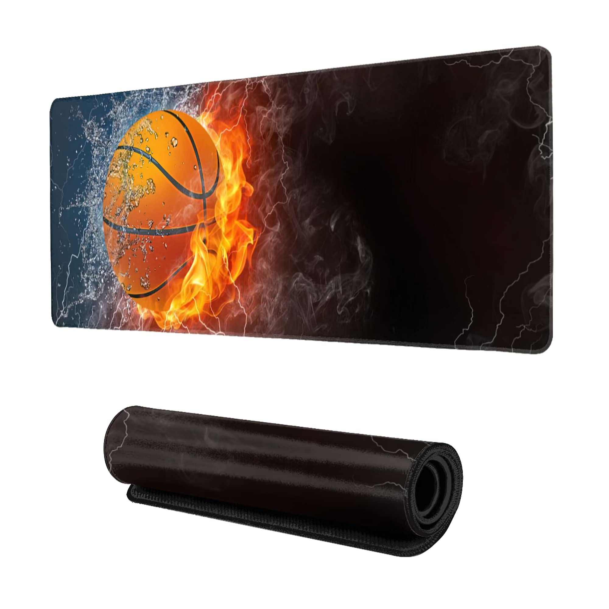 XXL Gaming Mouse Pad 35''×15.7'' - Basketball Fire & Water Design Non-Slip Desk Mat for Office, Computer & Keyboard - Stitched Edges Ergonomic Mousepad - Perfect for Gaming, Work & Home Office Setup