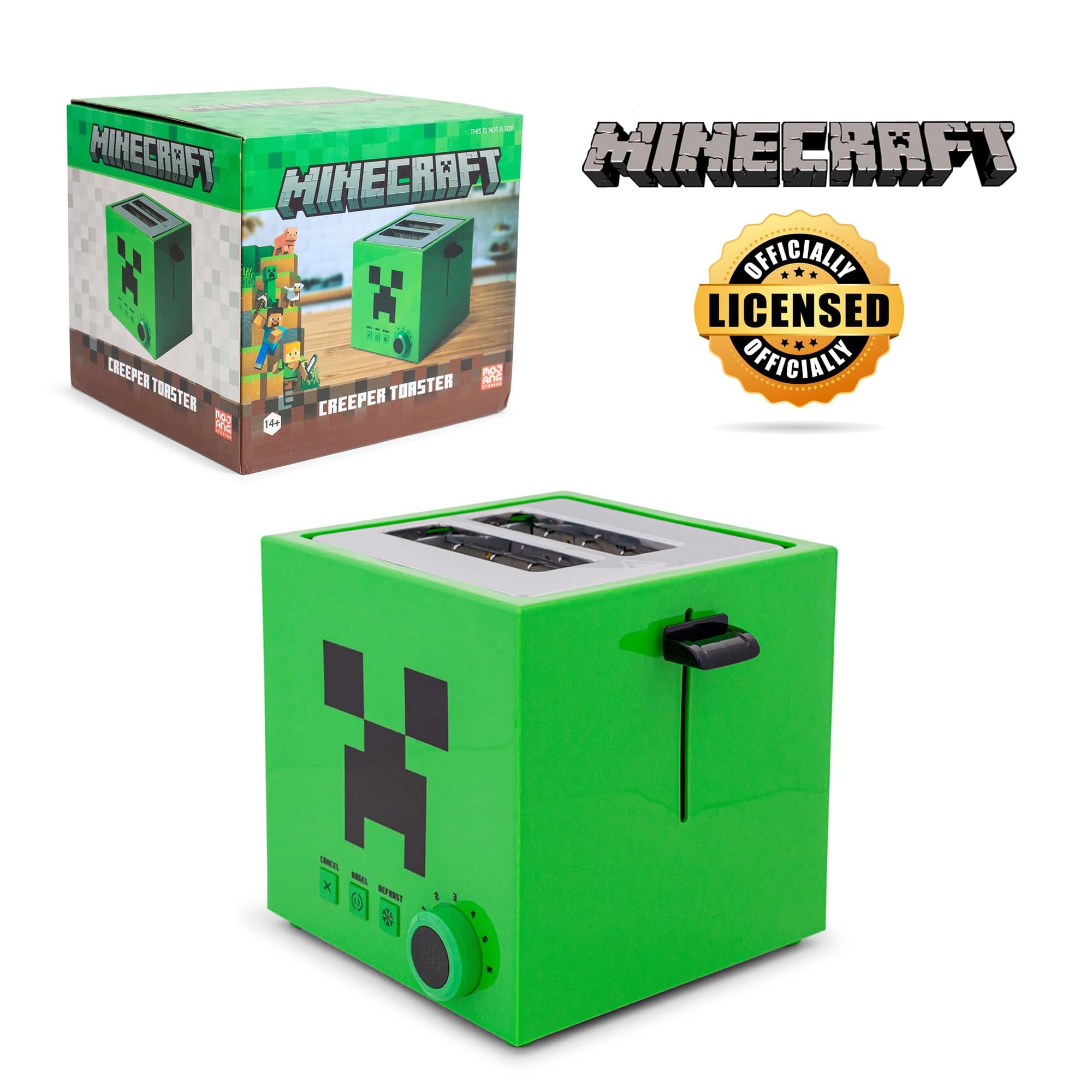 Minecraft Green Creeper 2-Slice Toaster for Bagels, Waffles & Bread - 6 Browning Settings with Defrost Function - Prints Creeper Face Design - Perfect for Gamers, Kids & Minecraft Fans Breakfast