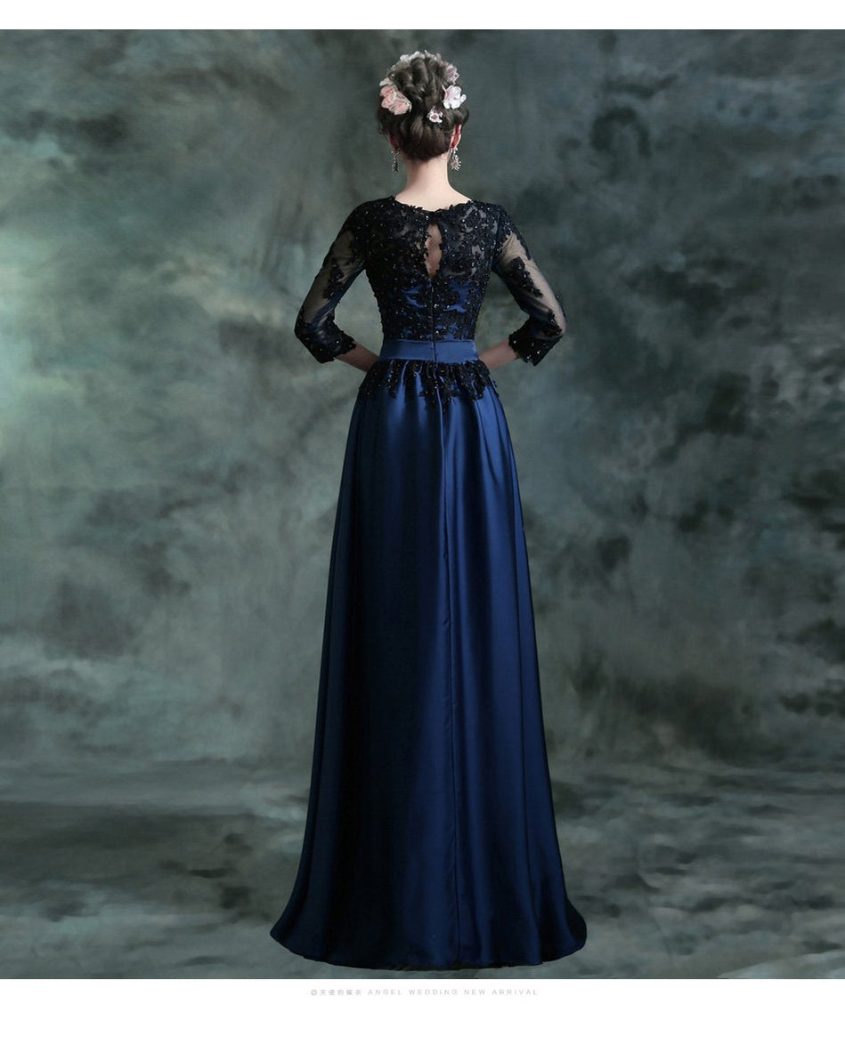 Elegant Navy Blue A-Line Jewel Neckline 3/4 Sleeve Long Prom Dress 12642 | Formal Evening Gown for Homecoming, Ball & Special Occasions