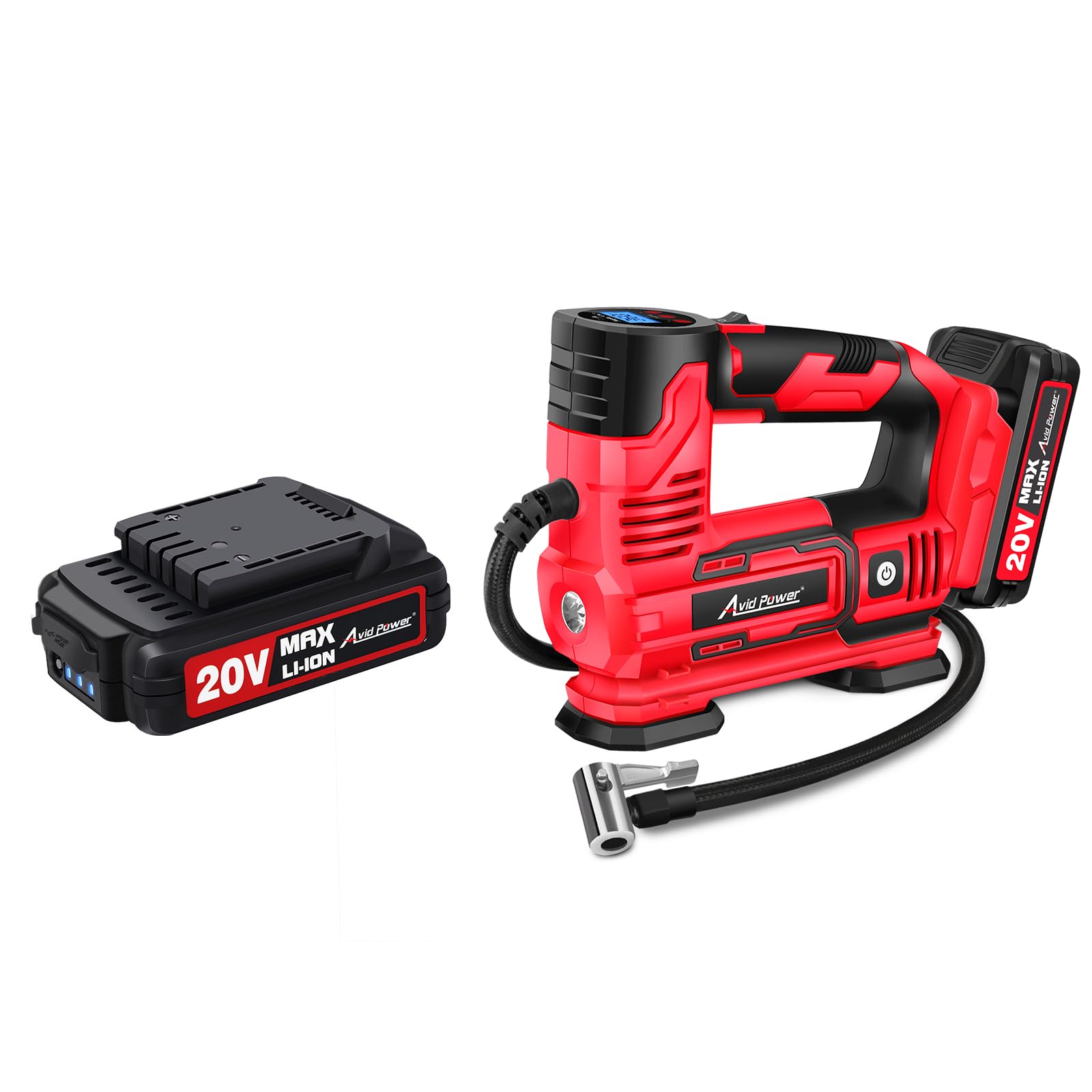 AVID POWER 20V Cordless Portable Tire Inflator with Digital Gauge & Extra Battery - Fast Inflation for Cars, Bikes, SUVs & Sports Equipment - Perfect for Road Trips, Camping & Emergency Use