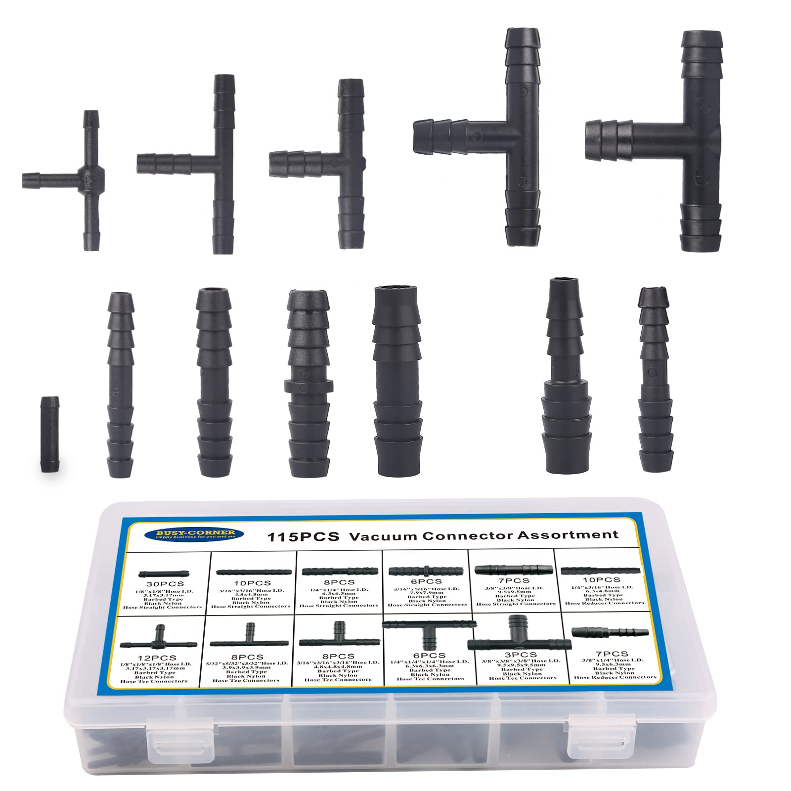 High-Temperature Vacuum Connector Assortment Kit - 240°C (460°F) Heat Resistant Nylon Automotive Vacuum Tubing Connectors & Tee Fittings - 115-Piece Set by BUSY-CORNER - Perfect for Car Engine Repairs, HVAC Systems, and Industrial Applications