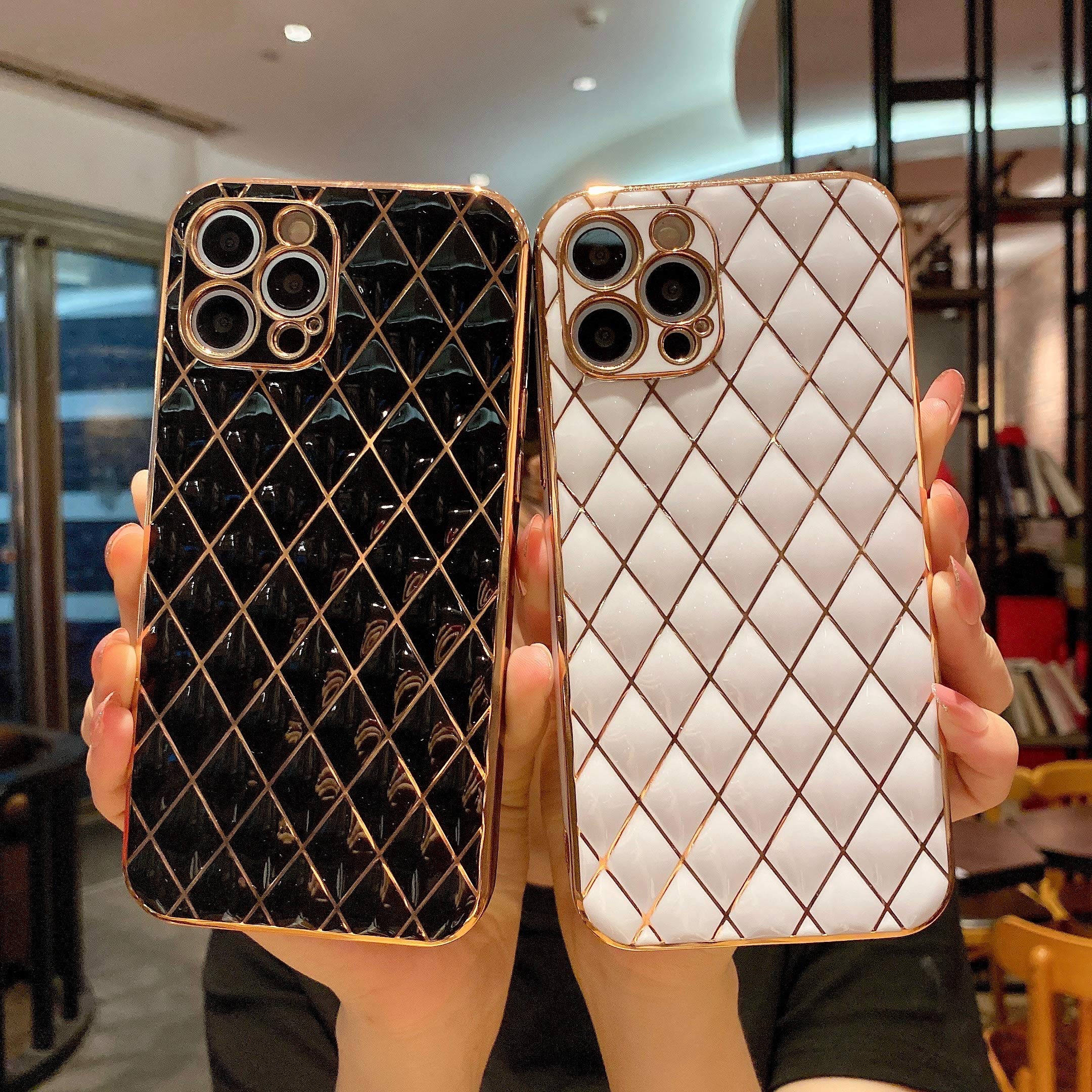 Elegant Electroplated Leather Case for iPhone 11 Pro Max - Slim Soft Lambskin Cover with Diamond Lattice Design, Non-Slip Grip Protective Phone Case for Women & Girls (Black) | Perfect for Daily Use, Office, and Special Occasions