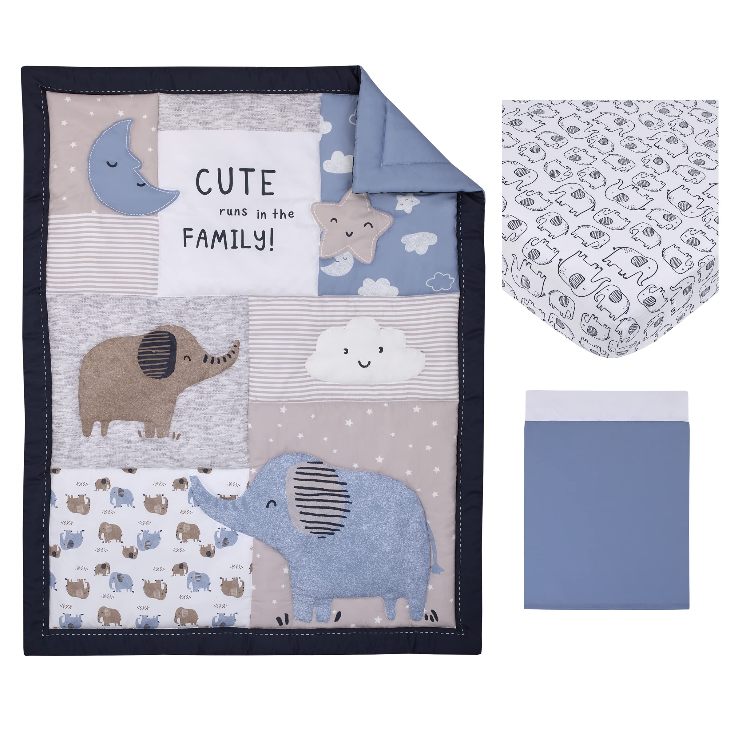 NoJo Carter's Blue Elephant 3-Piece Nursery Crib Bedding Set - Soft Chambray, Navy, Gray & White with Elephant, Moon, Clouds & Stars Design - Includes Comforter, Fitted Sheet & Crib Skirt | Perfect for Baby Shower Gifts & Cozy Nursery Decor