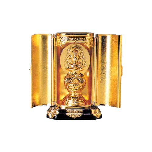 Dainichi Buddha Statue (Dainichi Nyorai) with Miniature Shrine - Handcrafted Wooden Buddhist Altar for Home Meditation & Spiritual Decor