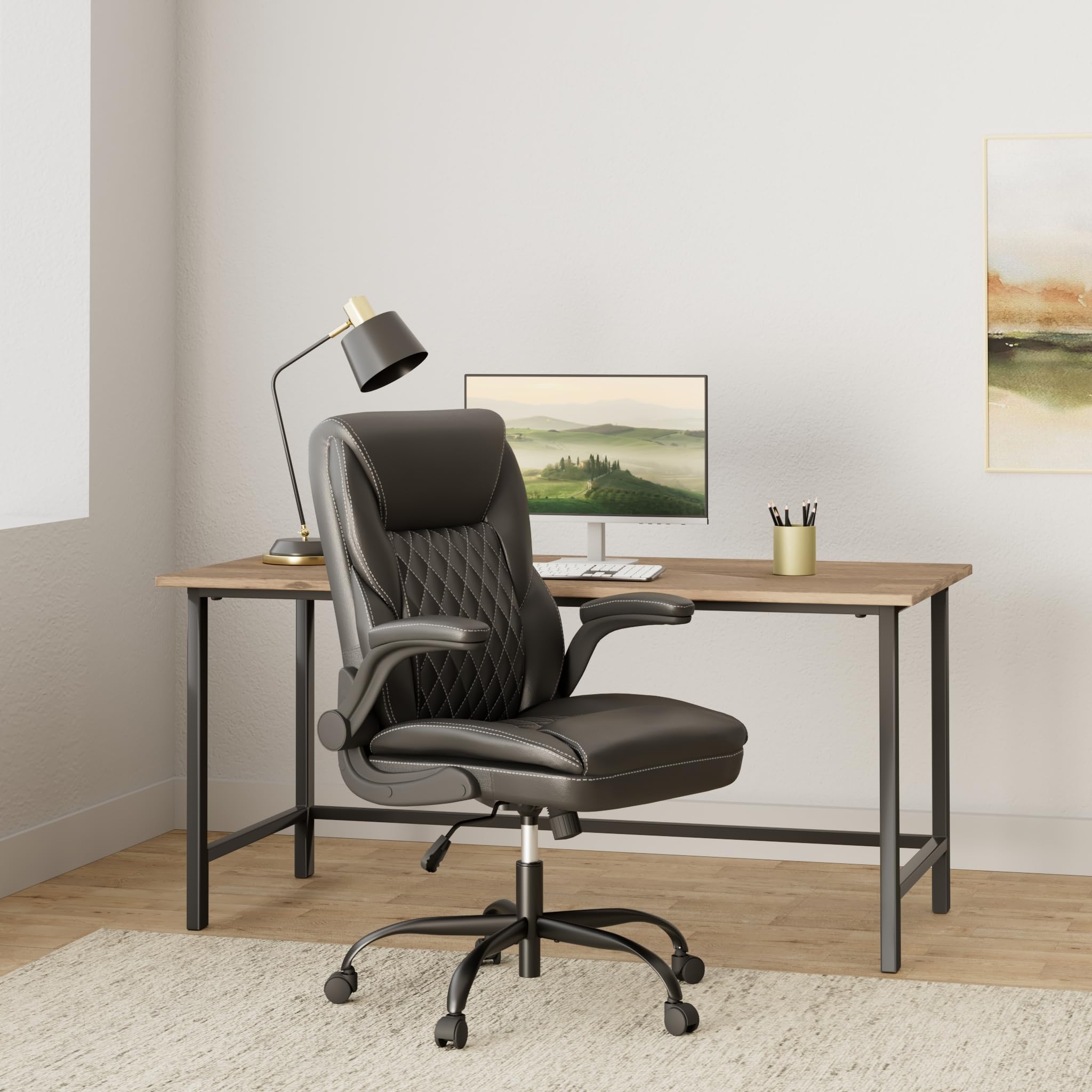 Premium Ergonomic Office Chair - Executive Leather Desk Chair with Adjustable Flip-Up Arms & Lumbar Support - Swivel Task Chair with Rocking Function for Home Office, Computer Work & Gaming (Black) - Perfect for Long Work Hours & Comfortable Workspaces