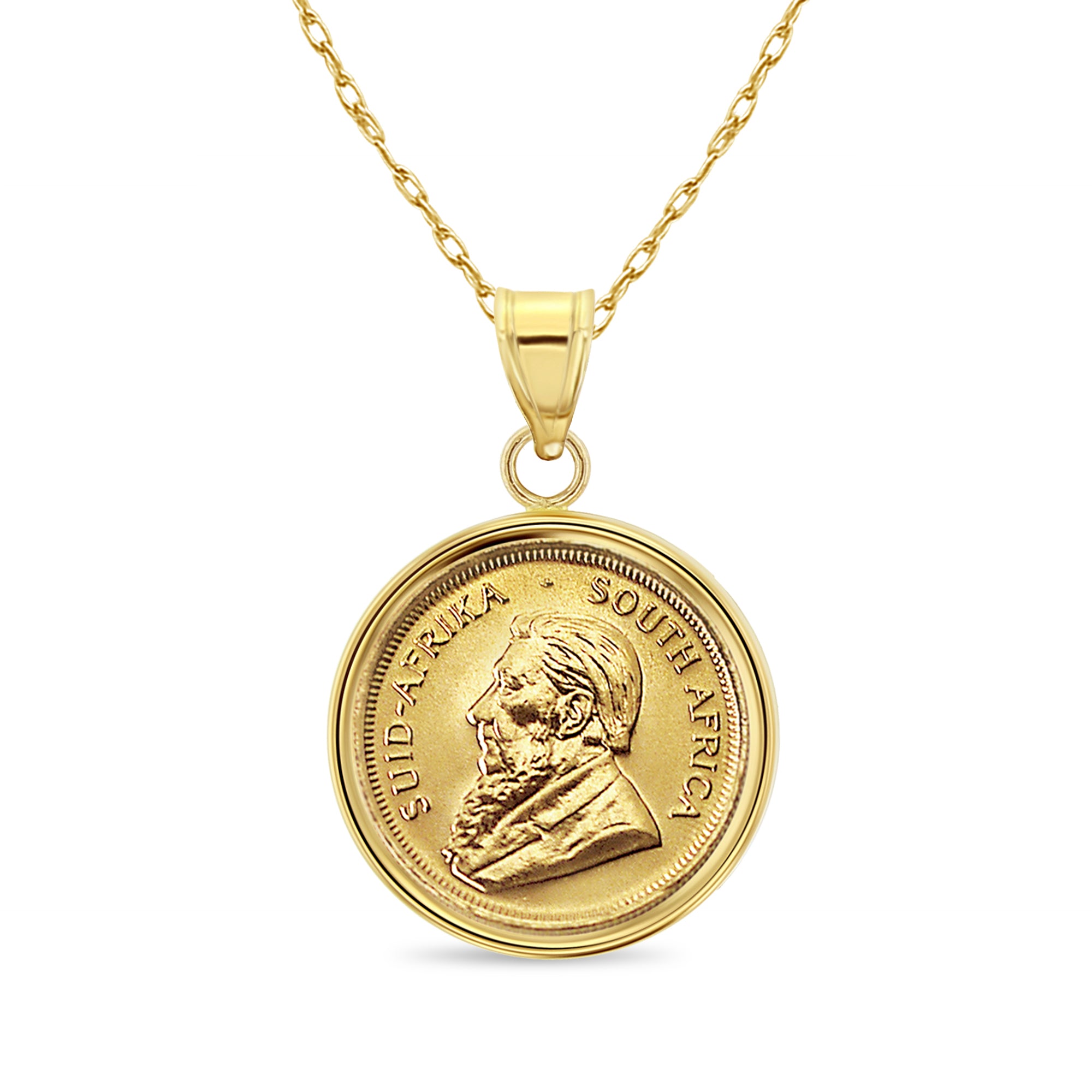 1/4 oz South African Krugerrand Gold Coin Necklace with Polished Halo - Perfect for Jewelry Gifts, Investment Collectibles & Special Occasions