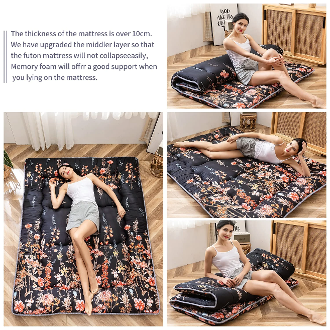 MAXYOYO Floor Mattress - Black Floral Printed Japanese Futon Mattress for Bedroom, Guest Room & Travel | Foldable Floor Sleeping Pad for Adults & Kids