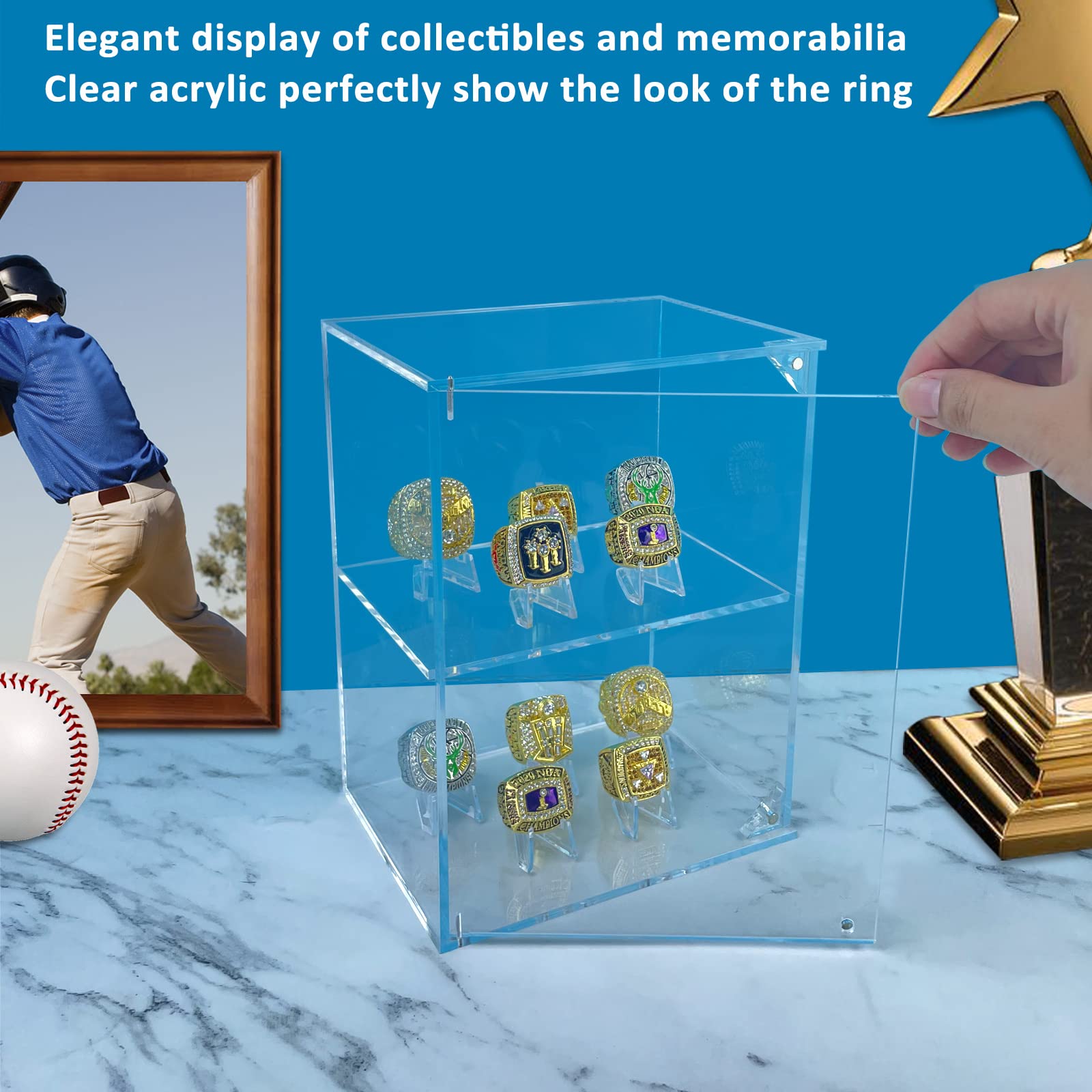 Championship Ring Display Case - Large Acrylic Baseball & Softball Ring Holder Box with 10 Fixed Stands - Perfect for Football, Sports, Cheerleading & Replica Rings - Ideal for Trophy Rooms, Sports Memorabilia Displays & Collector Showcases