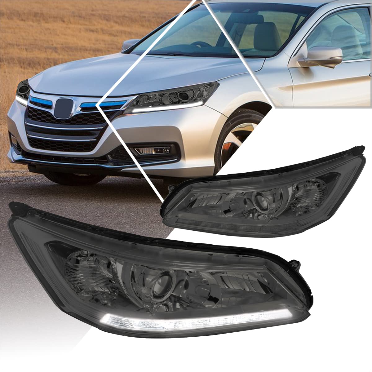 PM PERFORMOTOR Projector Headlights Assembly with LED DRL - Smoked Lens & Clear Corner - Compatible with 2013-2015 Honda Accord - Upgrade Your Car's Style & Night Visibility for Safer Driving