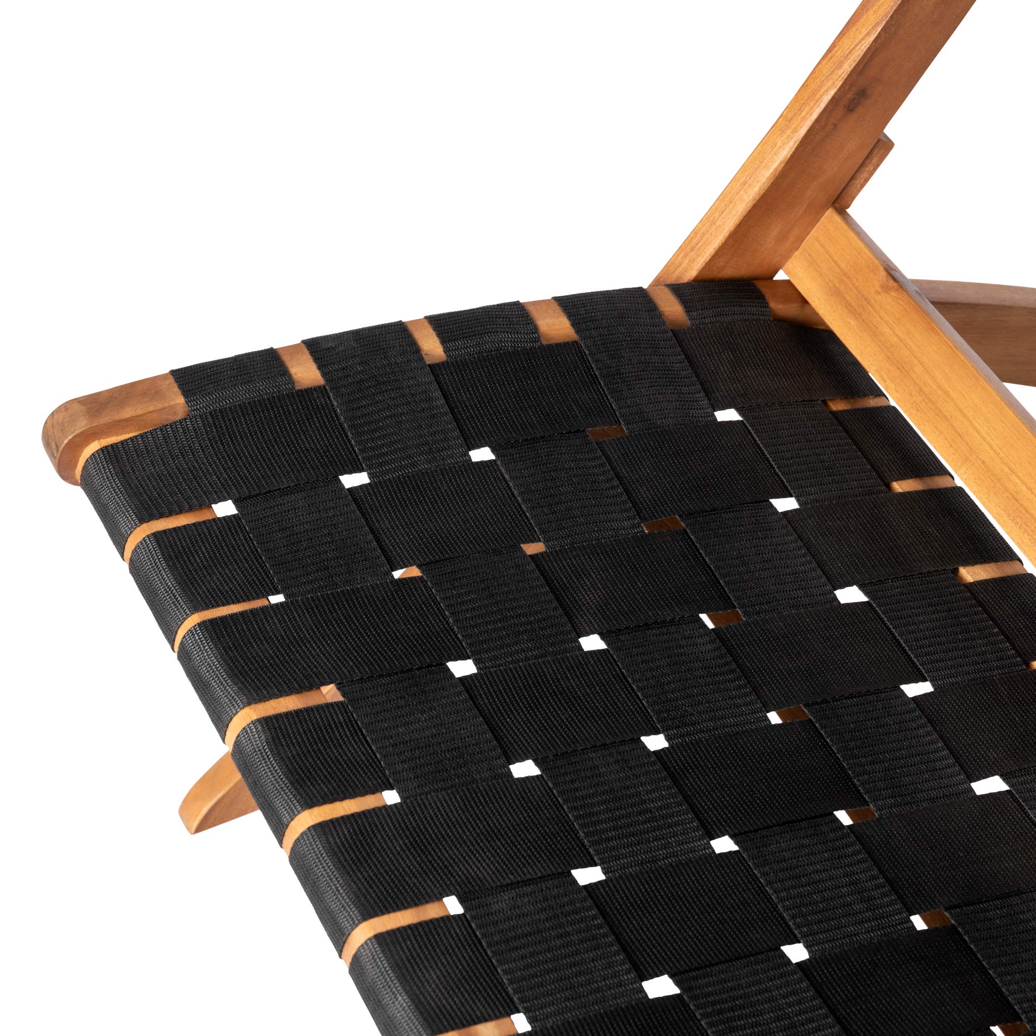 Patio Sense 62774 Sava Folding Chair - Solid Acacia Wood with Woven Seat & Back - Indoor Outdoor Portable Low Slung Chair for Porch, Lawn, Garden, Fishing & Sporting Events - Black Webbing - Perfect for Camping, Picnics, and Backyard Relaxation