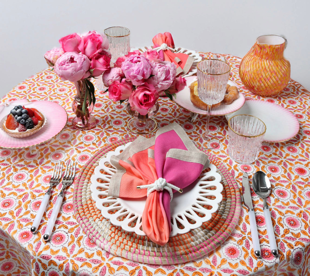 Majorelle White Pink Orange Tablecloth - Elegant Dining Table Cover for Parties, Weddings & Home Decor