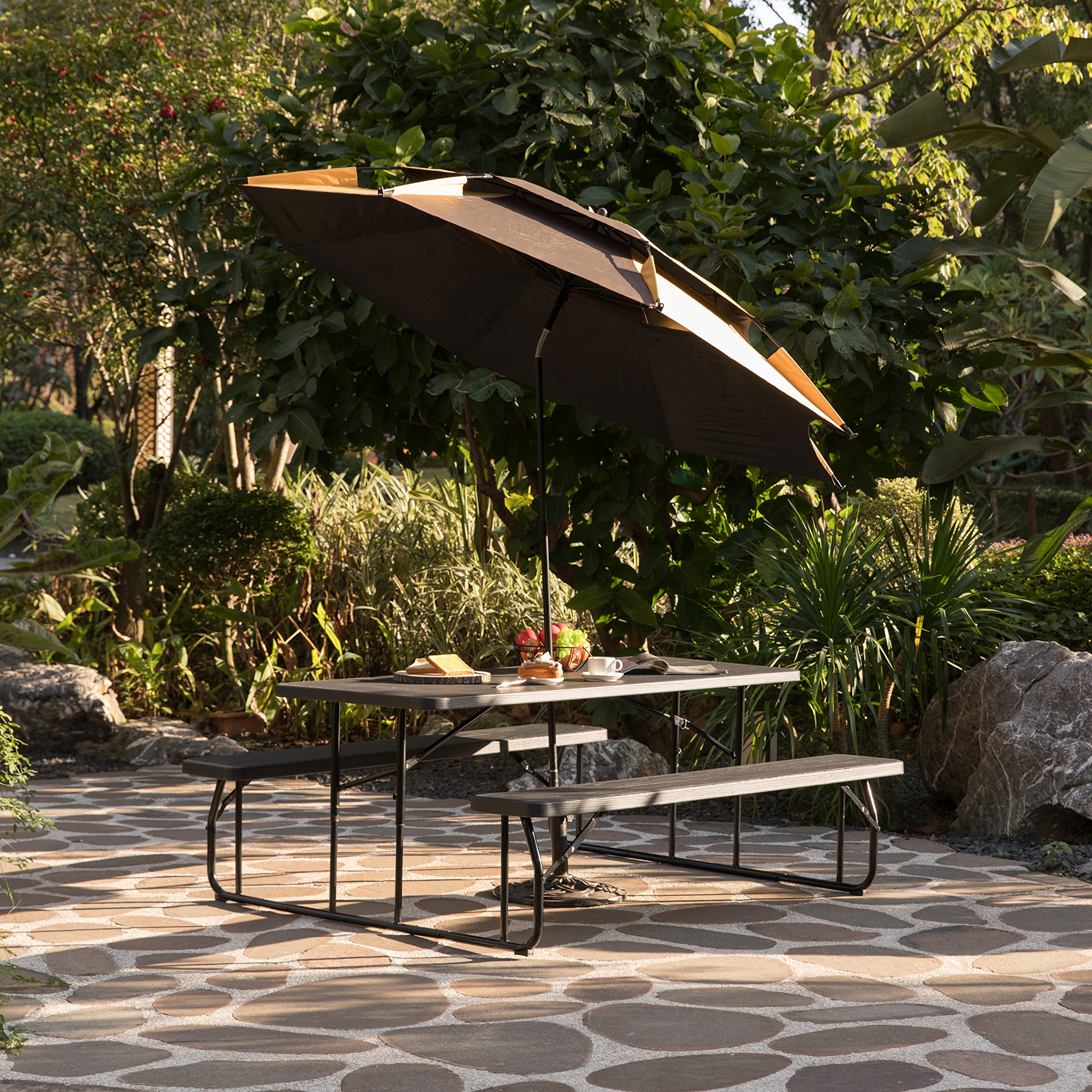 Gardenised 6 Ft Black Outdoor Foldable Picnic Table Set with Woodgrain Finish & Metal Frame - Perfect for Backyard BBQs, Camping, and Patio Dining (QI004269.BK)