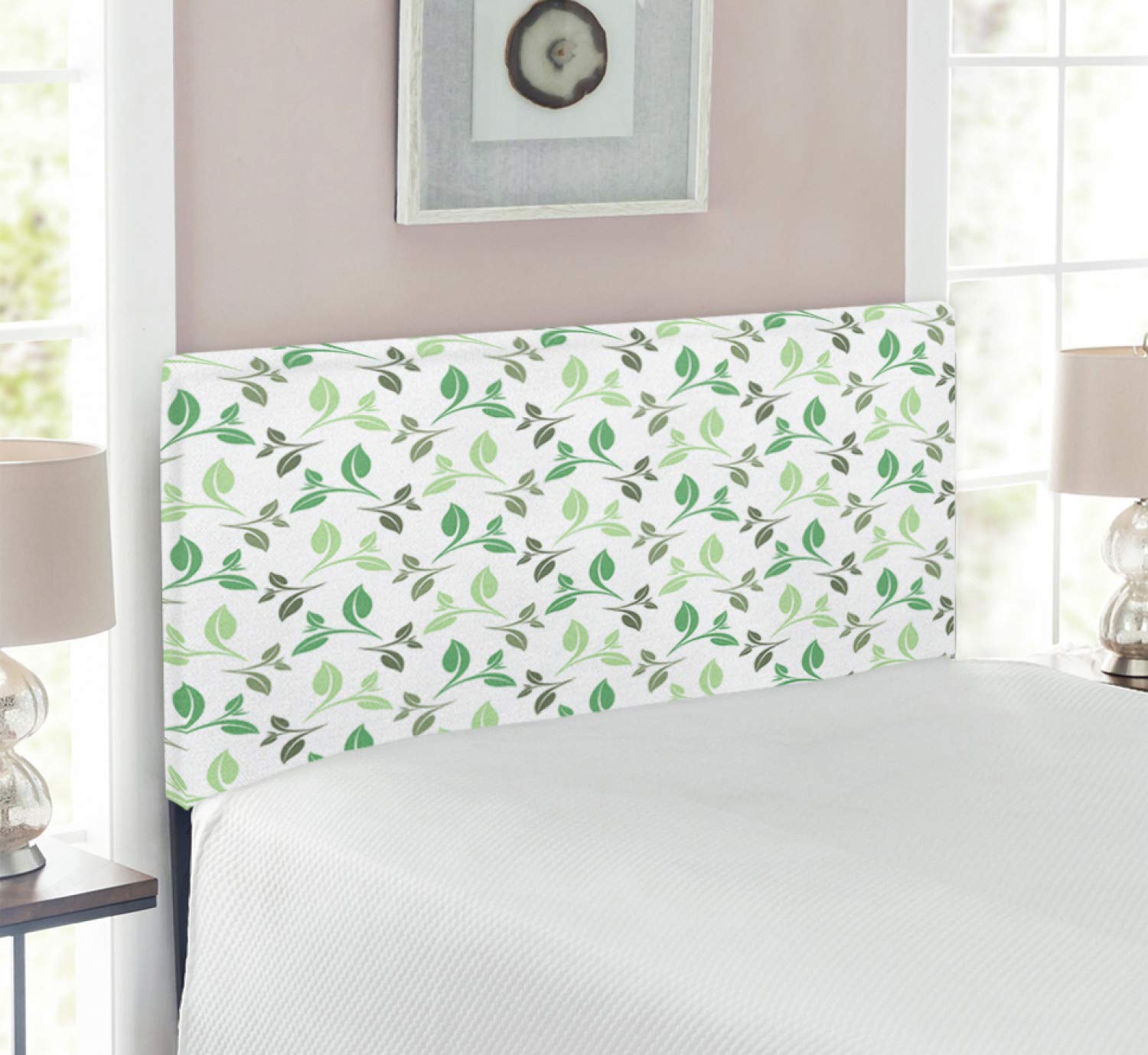 Ambesonne Vintage Leaf Headboard - Tea Leaves Ornamental Design with Soft Faded Colors, Upholstered Metal Bed Frame with Memory Foam, Twin Size in Green Army - Perfect for Bohemian & Farmhouse Bedroom Decor