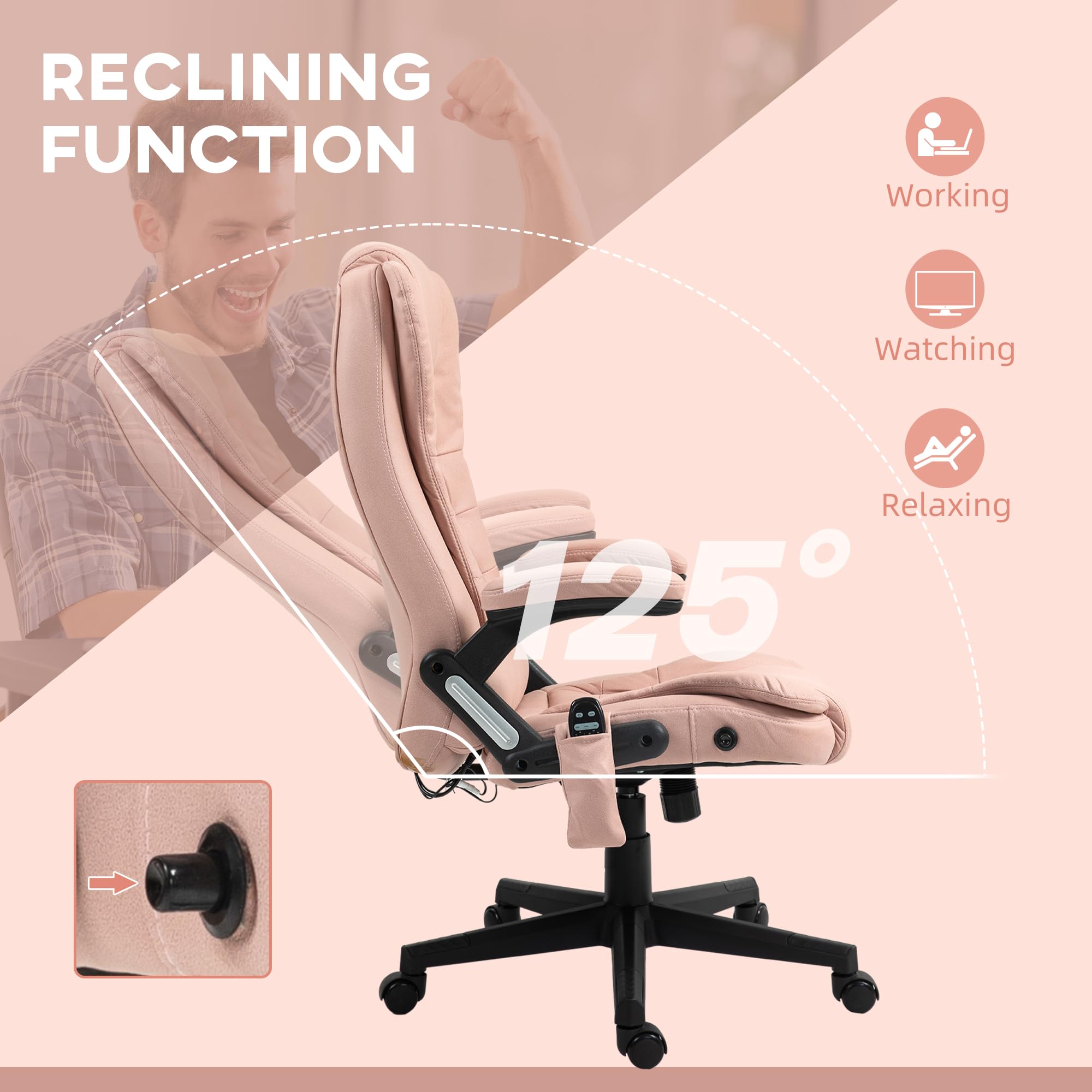HOMCOM 6-Point Vibrating Massage Office Chair with Heating - High Back Executive Chair with Reclining Function, Padded Armrests & Remote Control - Pink Microfiber Ergonomic Chair for Home & Office Use - Perfect for Work, Relaxation & Pain Relief