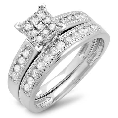 Dazzlingrock 925 Sterling Silver Women's Wedding Ring Set with 0.50 Cttw Round White Diamonds - 9 Stone Square Head Bridal Jewelry for Engagement, Anniversary & Special Occasions