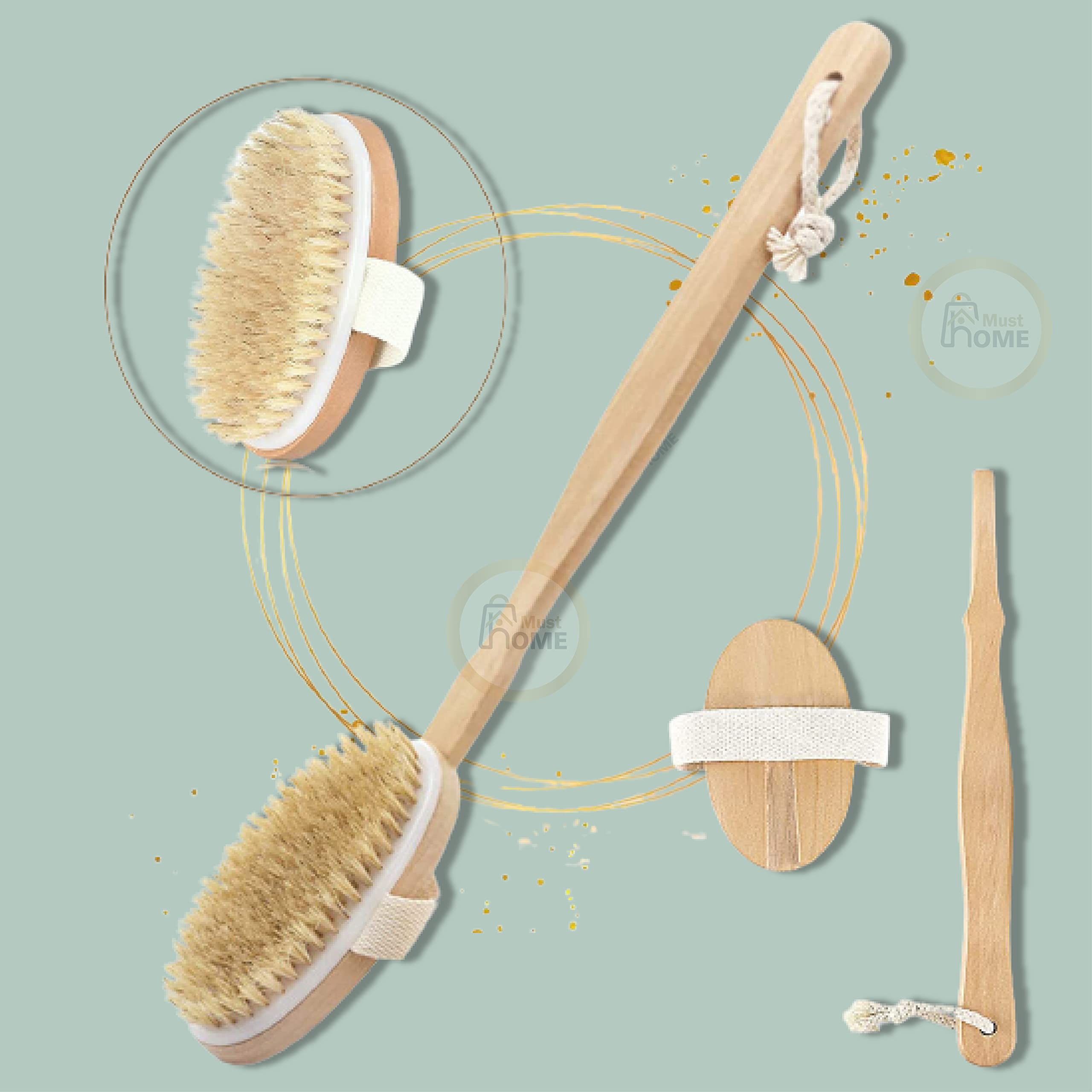 MustHome Wooden Double Sided Body Brush with Natural Bristles - Exfoliating & Dry Brushing for Shower, Back Scrubber with Detachable Long Handle - Perfect for Removing Dead Skin, Toxins & Cellulite - Ideal Beauty Gift for Women & Men (Loofah with Removable Wood Handle) - Great for Spa, Home Bath & Self Care Routine