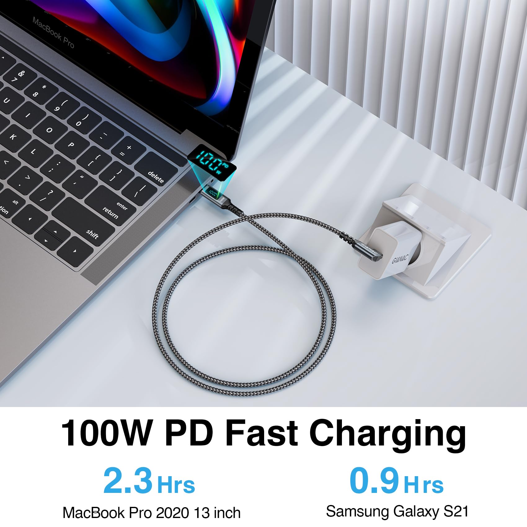 100W USB C to USB C Fast Charging Cable [0.3M] - 90 Degree Right Angle PD 5A Charger with LED Display - Compatible with MacBook Pro/Air, iPad Pro, iPhone 15, Huawei, Google Pixel & More - Perfect for Travel, Office & Home Charging