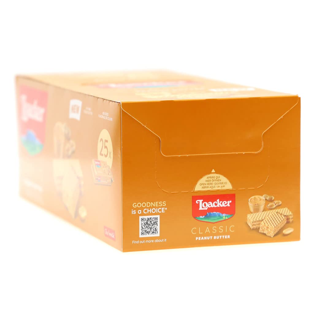 Loacker Classic Peanut Butter Waffles - 25 Pack (45g Each) | Double-Layer Peanut Butter Cream Filled Wafers | Perfect for Office Snacks, School Lunches & Coffee Breaks
