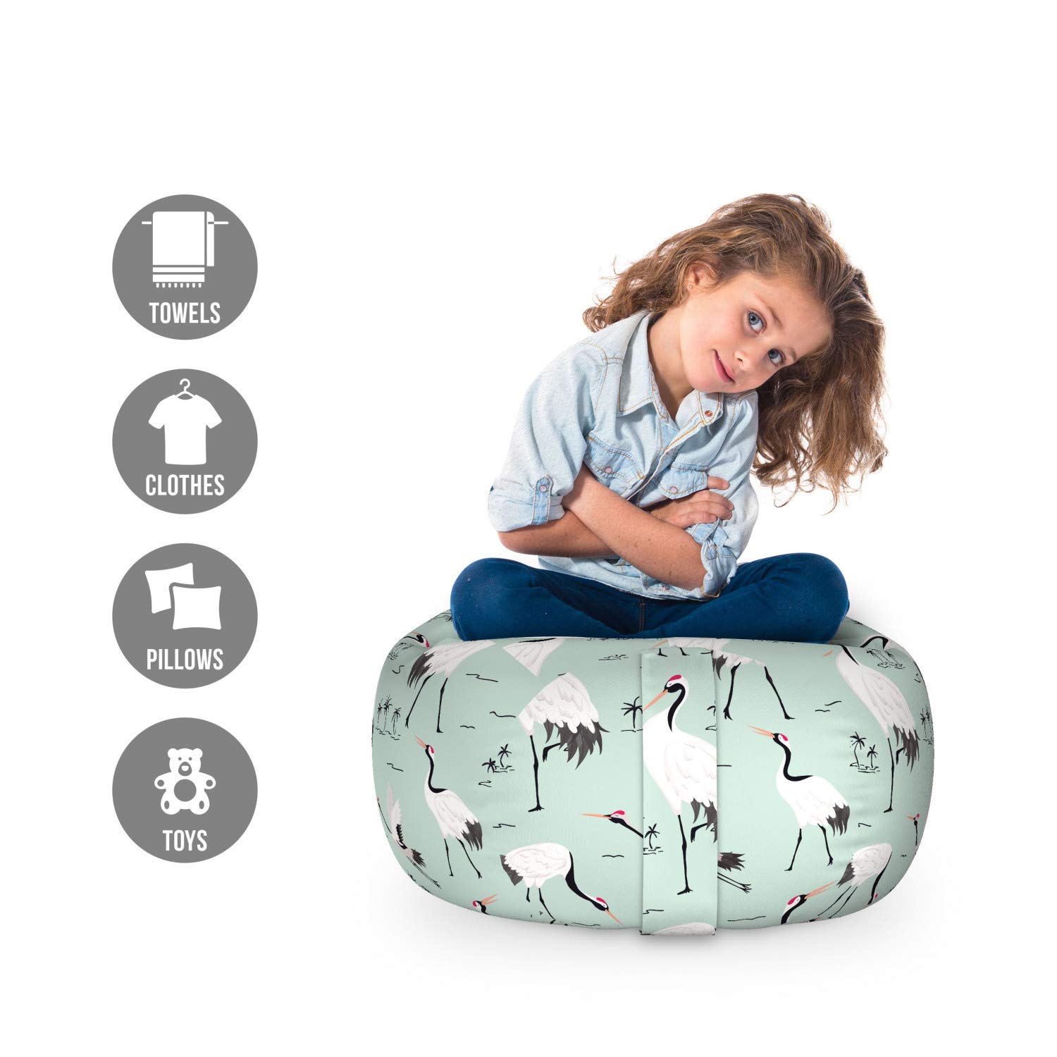 Ambesonne Bird Print Storage Toy Bag Chair - Japanese Cranes & Exotic Trees Design - Washable Stuffed Animal Organizer - Small Size Pale Blue White - Perfect for Kids' Room, Nursery, or Playroom Storage