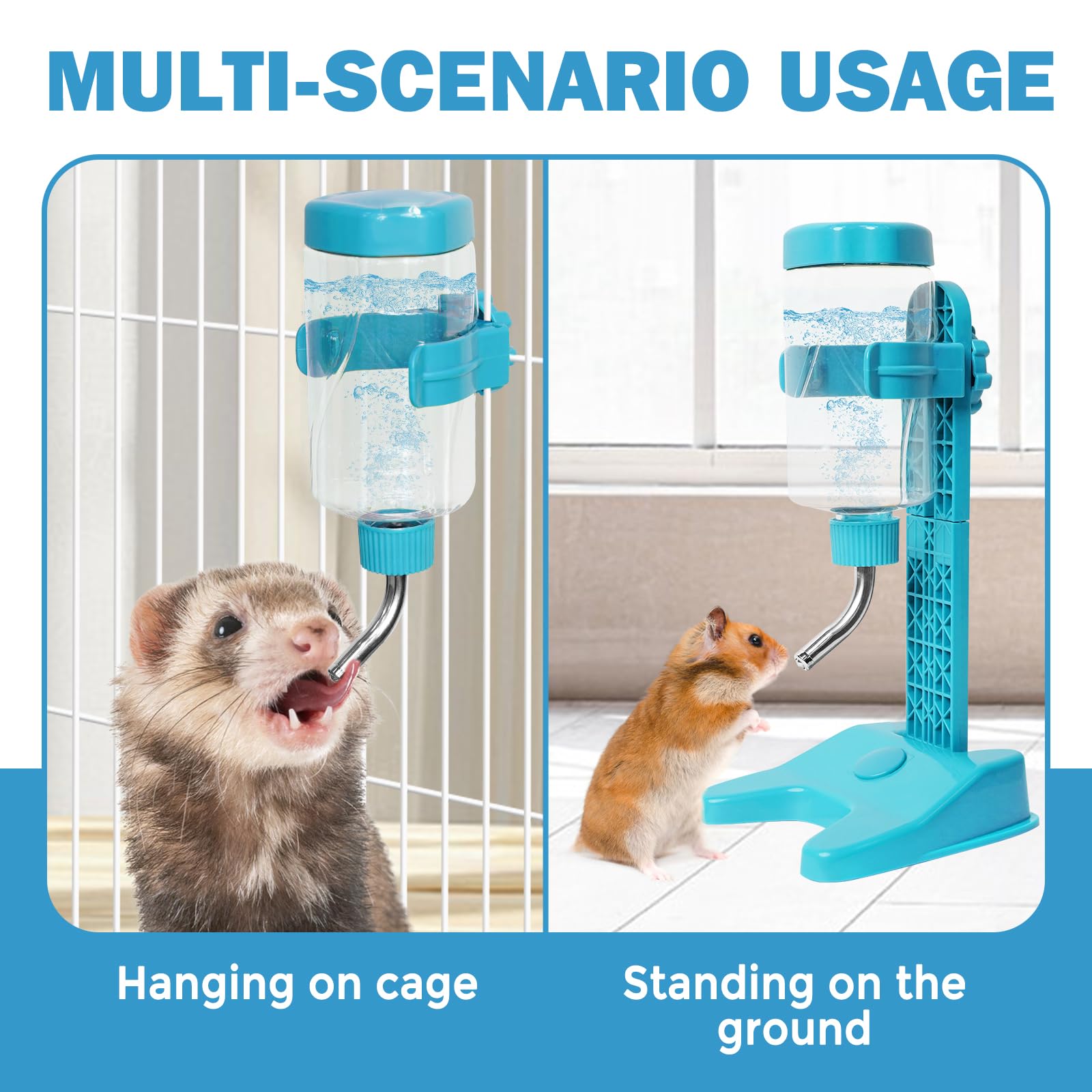 VANNON Top Fill Pet Water Dispenser - 13oz Leakproof Dog Water Bottle with Stand, Adjustable Height, BPA Free for Small Animals - Ideal for Travel, Cages & Outdoor Use, Blue