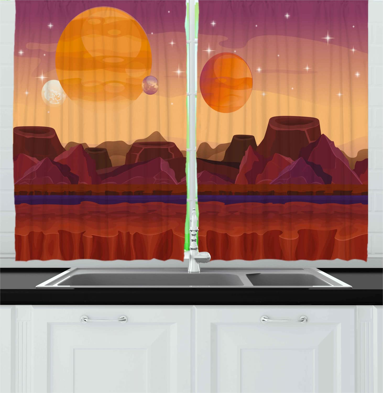 Ambesonne Science Fiction Outer Space Kitchen Curtains - Planetary Surface Cosmos Design, 55