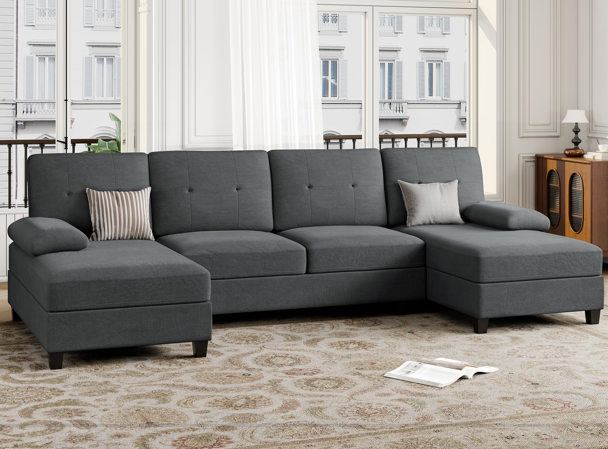 JAMFLY 4-Seat U-Shaped Sectional Sofa with Chaise - Modern Living Room Furniture Set in Black & Grey | Perfect for Small Spaces, Apartments & Family Gatherings