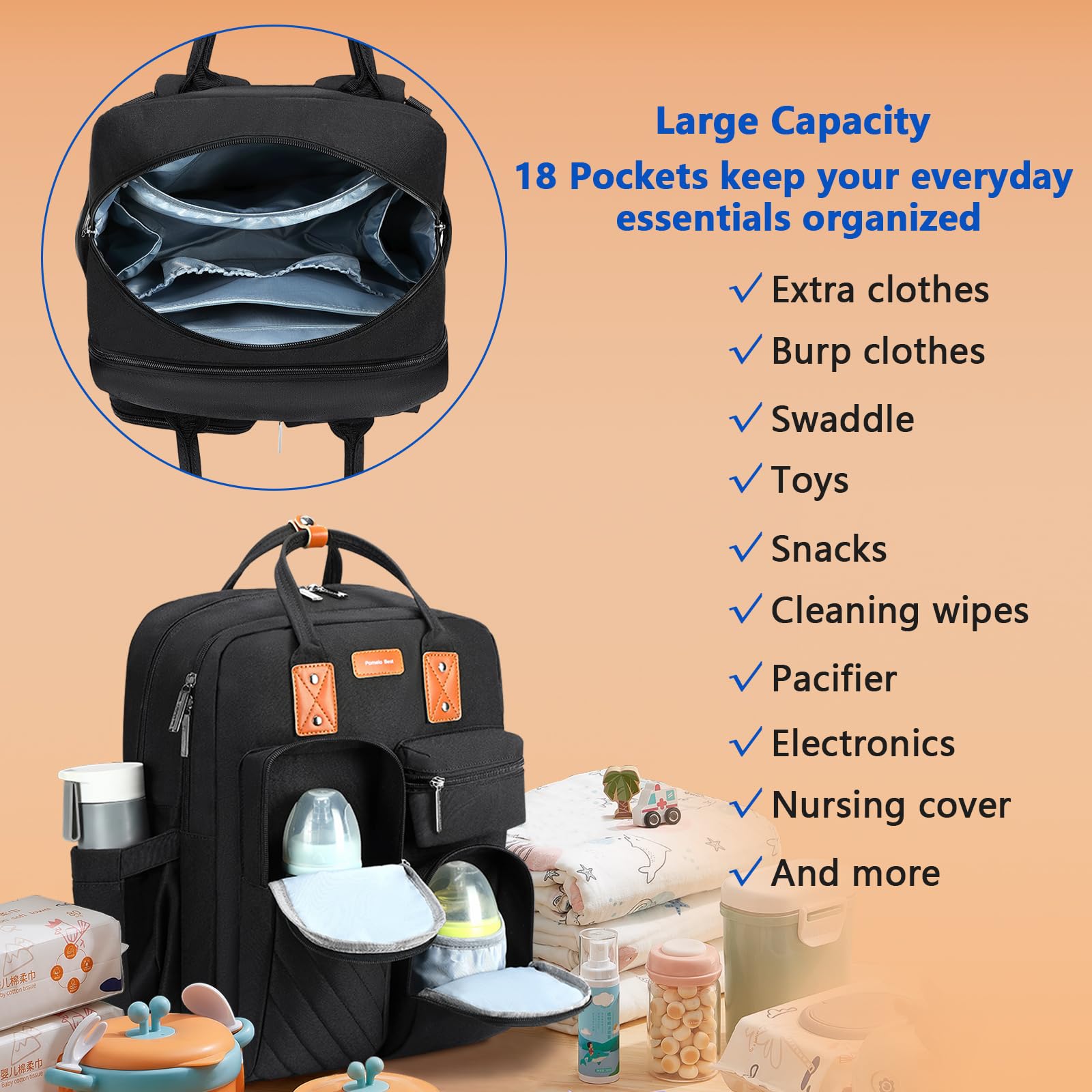 Large Waterproof Diaper Backpack for Baby - Multi-Pocket Travel Diaper Bag with Built-in Stroller Straps, Spacious & Organized (Black) - Perfect for Moms on the Go, Daycare, and Family Outings