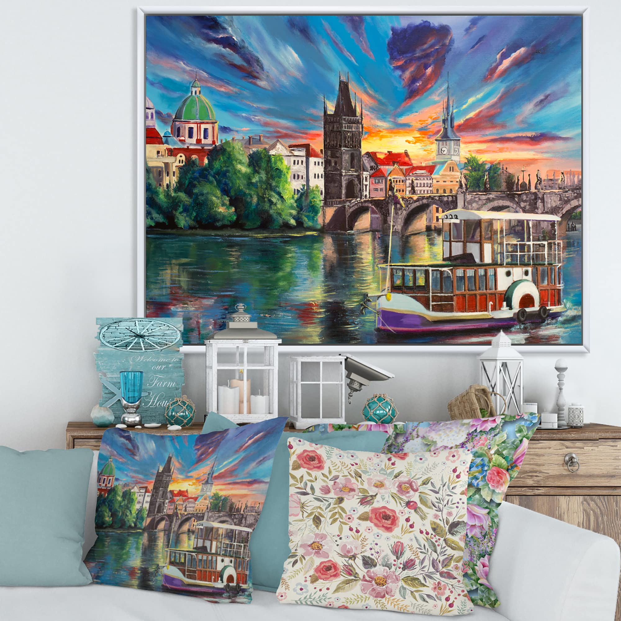 DesignQ Prague Sunset Cityview - Framed Canvas Wall Art Print for Kids' Room Decor | Nursery, Playroom & Bedroom