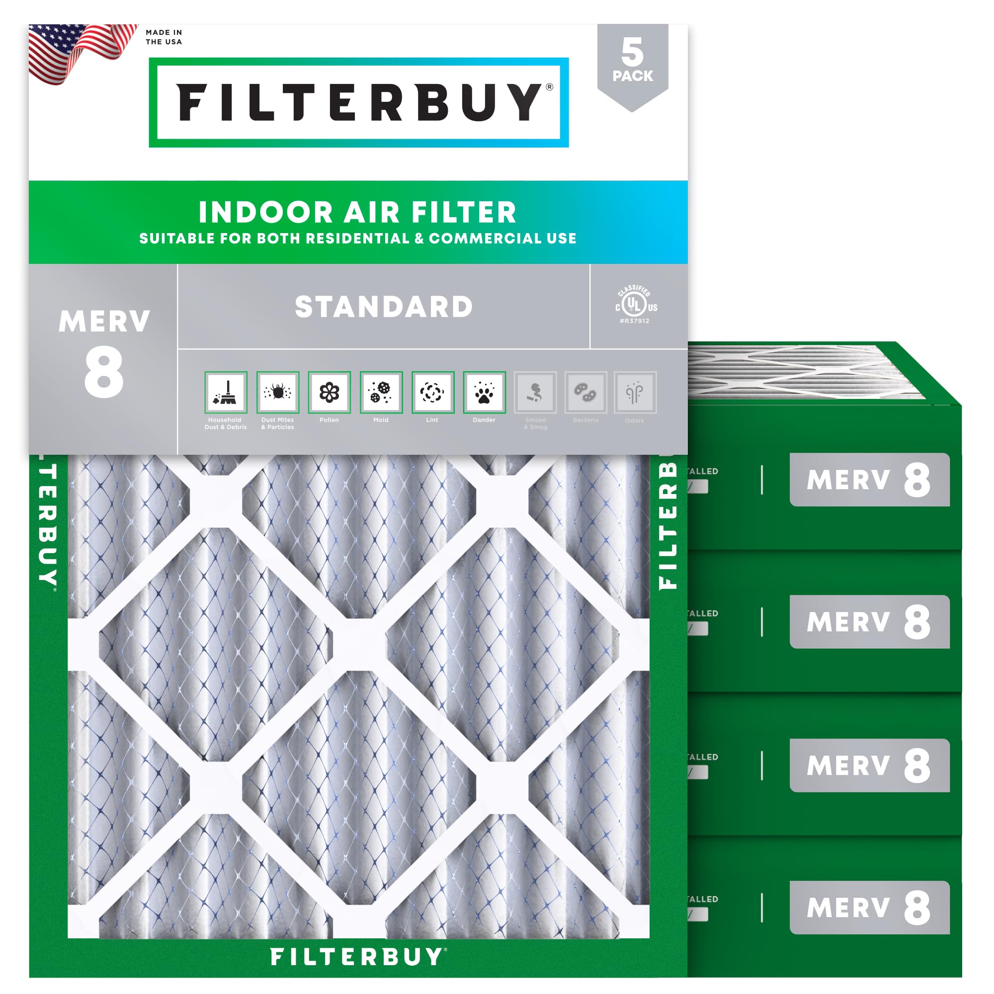 Filterbuy 12x18x4 MERV 8 Pleated Air Filter (5-Pack) - HVAC, AC & Furnace Replacement - Dust Defense - Actual Size 11.50x17.50x3.63 Inches - Perfect for Home, Office & Commercial Use