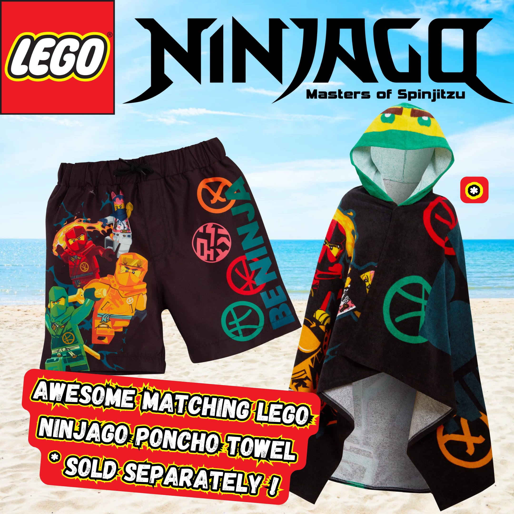 **LEGO Ninjago Boys Swim Shorts - Quick Dry Kids Swimming Trunks for Beach, Pool & Summer Vacation - Fun Swimwear for Boys**