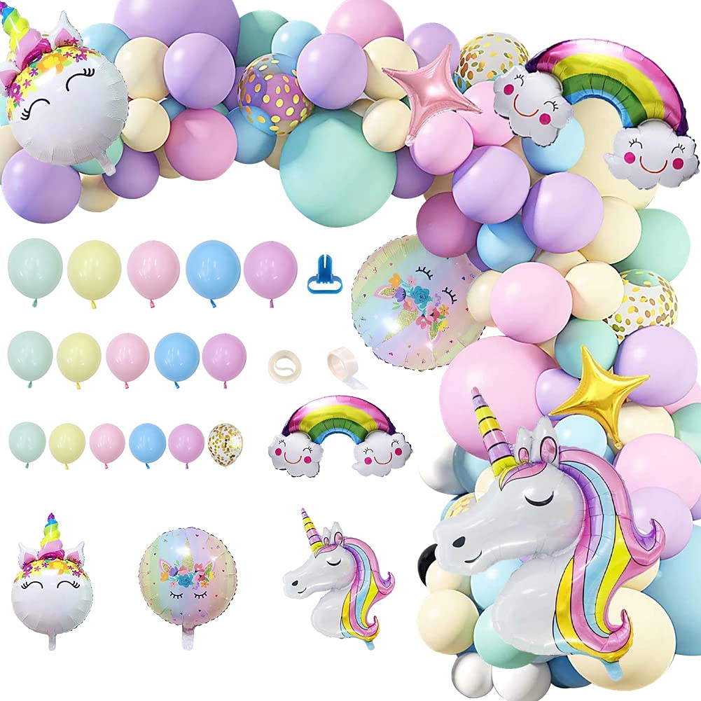 Unicorn Balloons Arch Garland Kit - 5/12/18 Inch Pastel Balloons Set with Macaron & Rainbow Balloons for Girls Birthday Party, Baby Shower, Wedding Decorations - Perfect for Unicorn Themed Events, Kids Room Decor, and Photo Backdrops