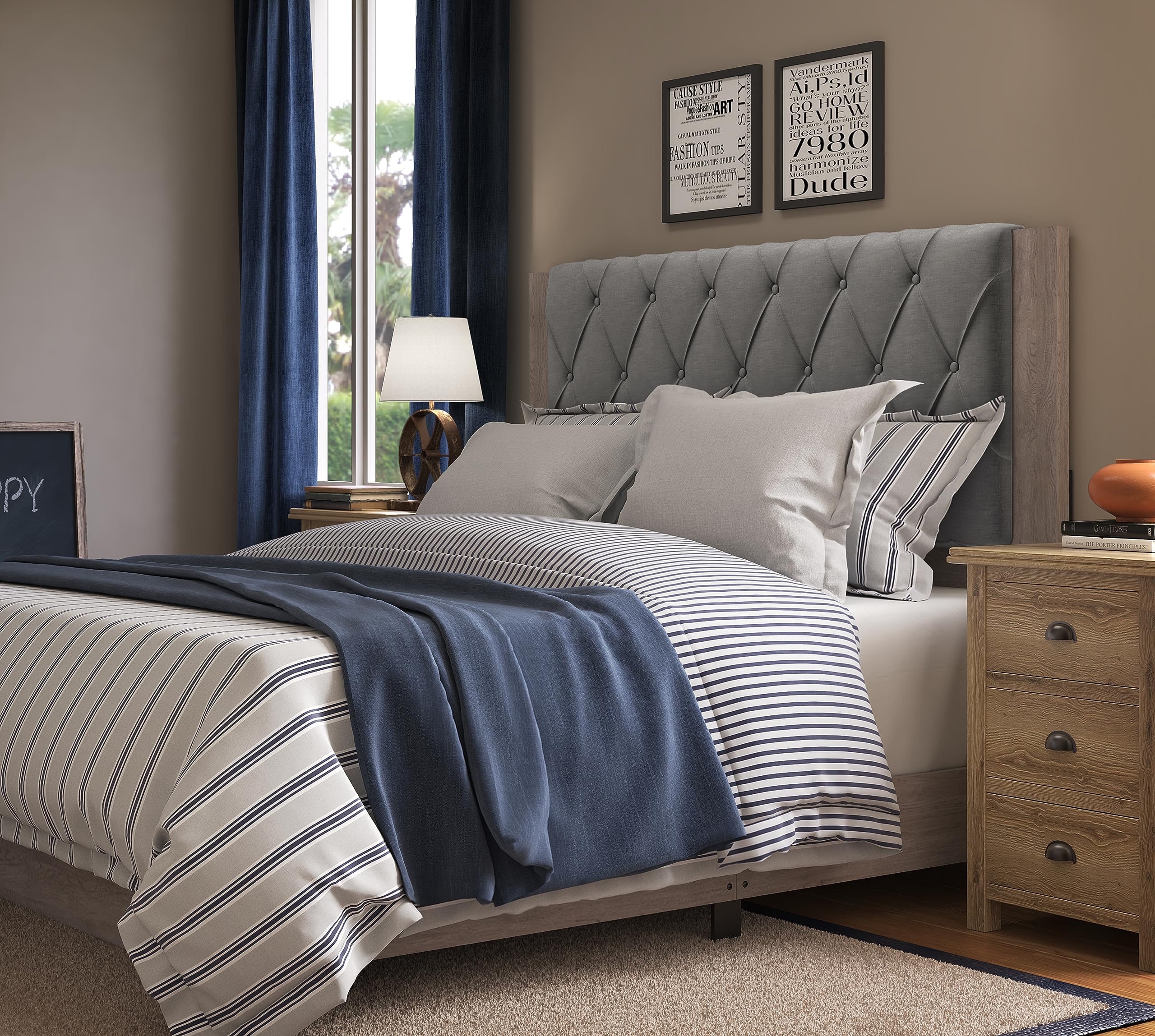 Kenton Panel Bed Frame with Diamond Tufted Upholstered Headboard - Queen Size Light Gray Platform Bed - Easy Assembly Modern Bedroom Furniture for Master Bedroom, Guest Room & Apartment