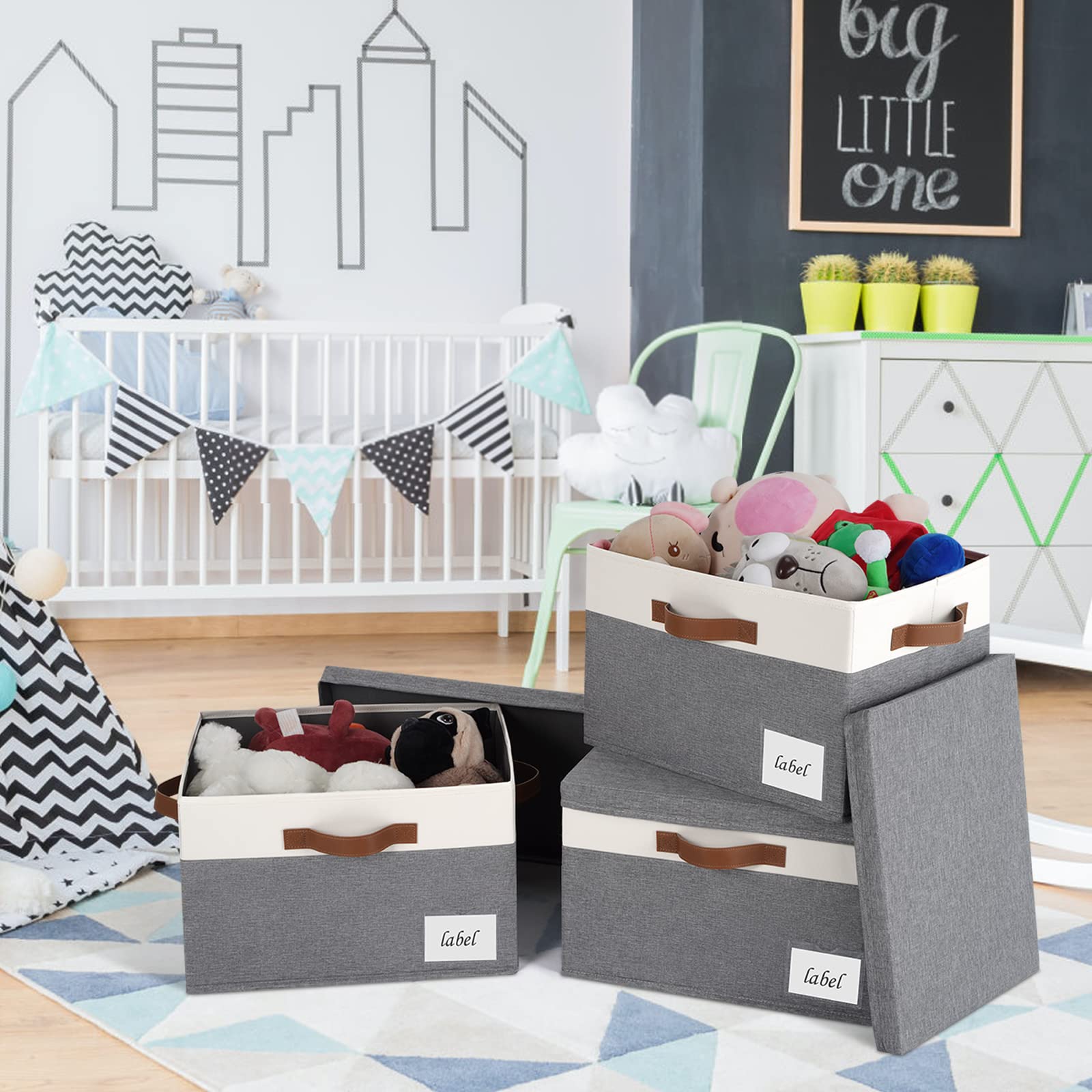 Extra Large Foldable Fabric Storage Bins with Lids - 32L Sturdy Storage Boxes with 3 PU Handles & Labels for Closet Organization, Home, Bedroom, Office - Perfect for Seasonal Clothes, Toys, Blankets & Home Decluttering (Grey & White)