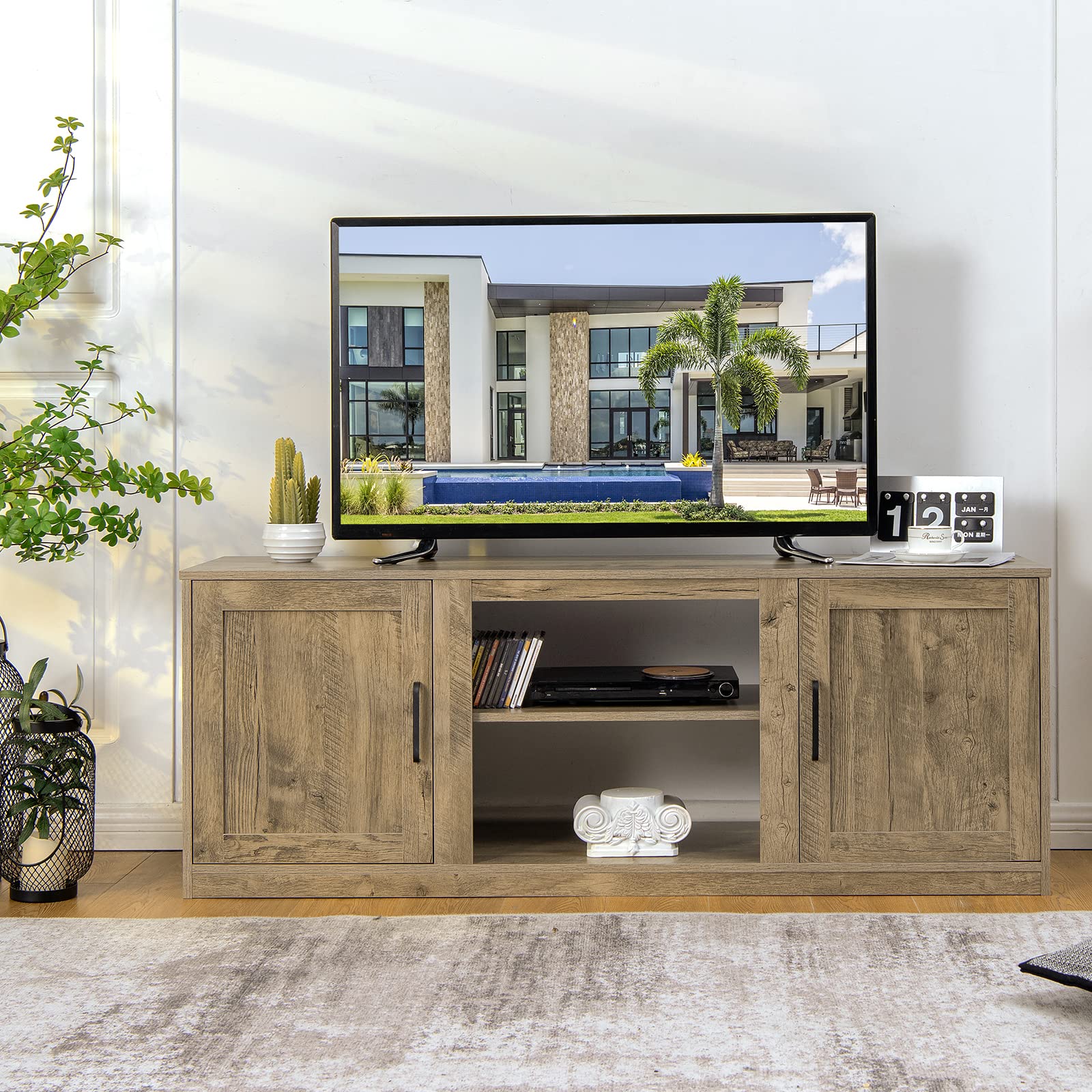 Tangkula 65 Inch Farmhouse TV Stand with Double Barn Doors - Rustic Wood Media Console with Storage Cabinets & Adjustable Shelves - Perfect for Living Room Home Theater Setup