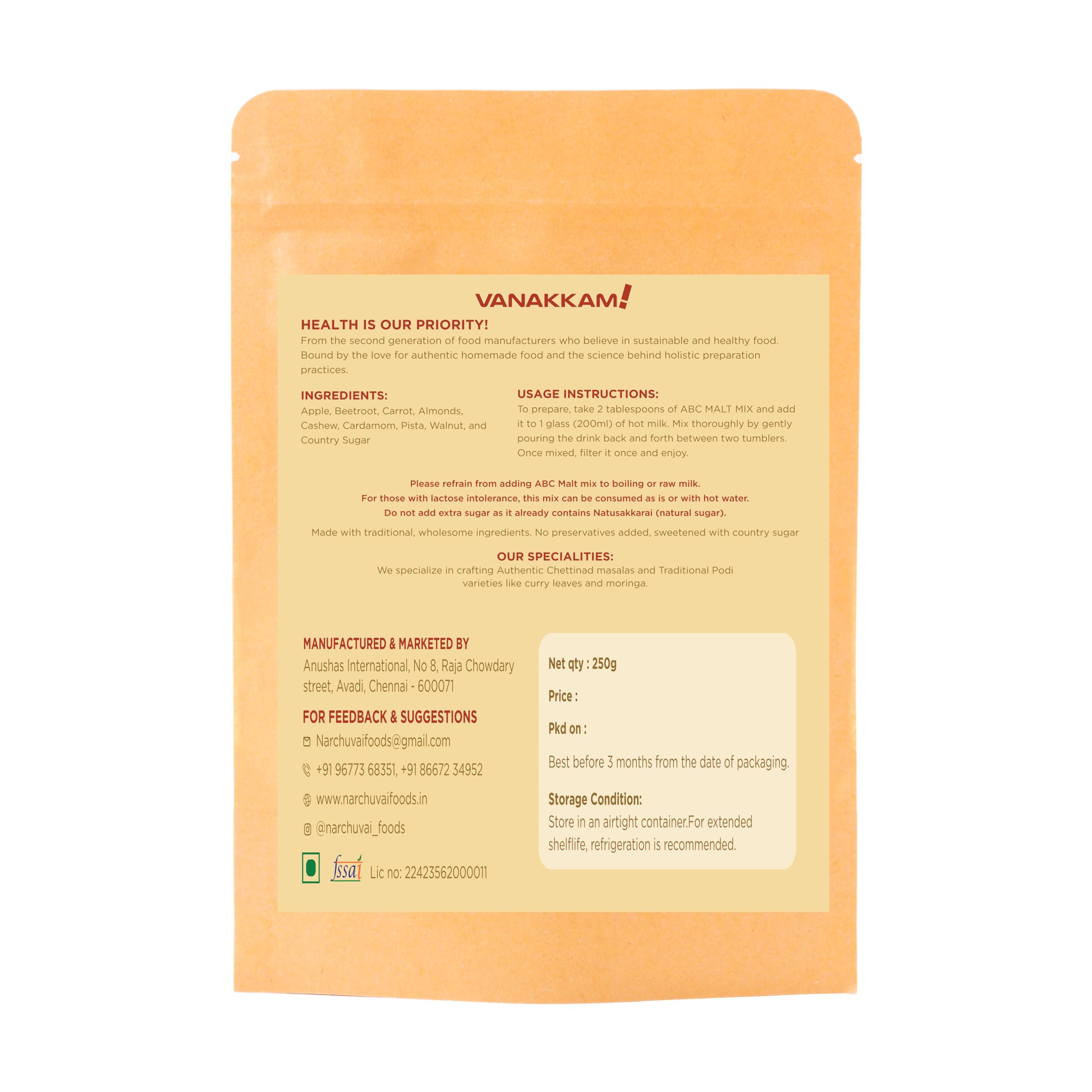 Narchuvai Foods ABC Malt Mix - Instant Apple, Beetroot, Carrot Milk Powder | Sugar-Free Health Drink for Kids, Women & Adults | Rich in Nutrients & Energy | Perfect for Breakfast, Post-Workout & Travel | 250g