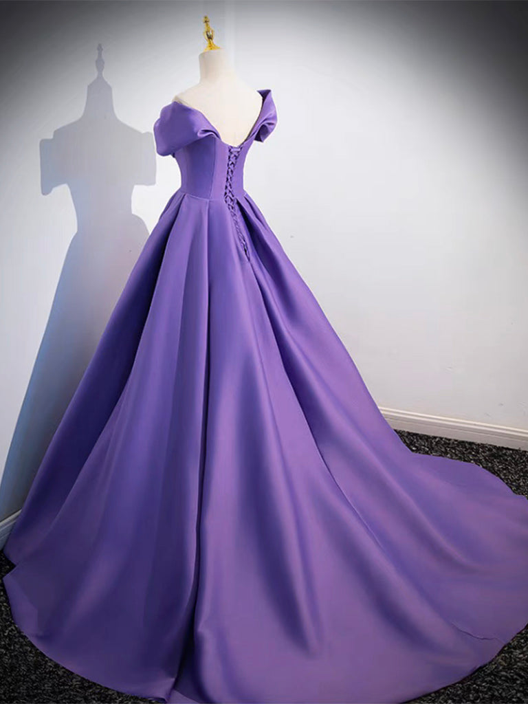 Elegant Off-Shoulder A-Line Satin Purple Long Prom Dress & Evening Gown - Perfect for Homecoming, Formal Events & Special Occasions
