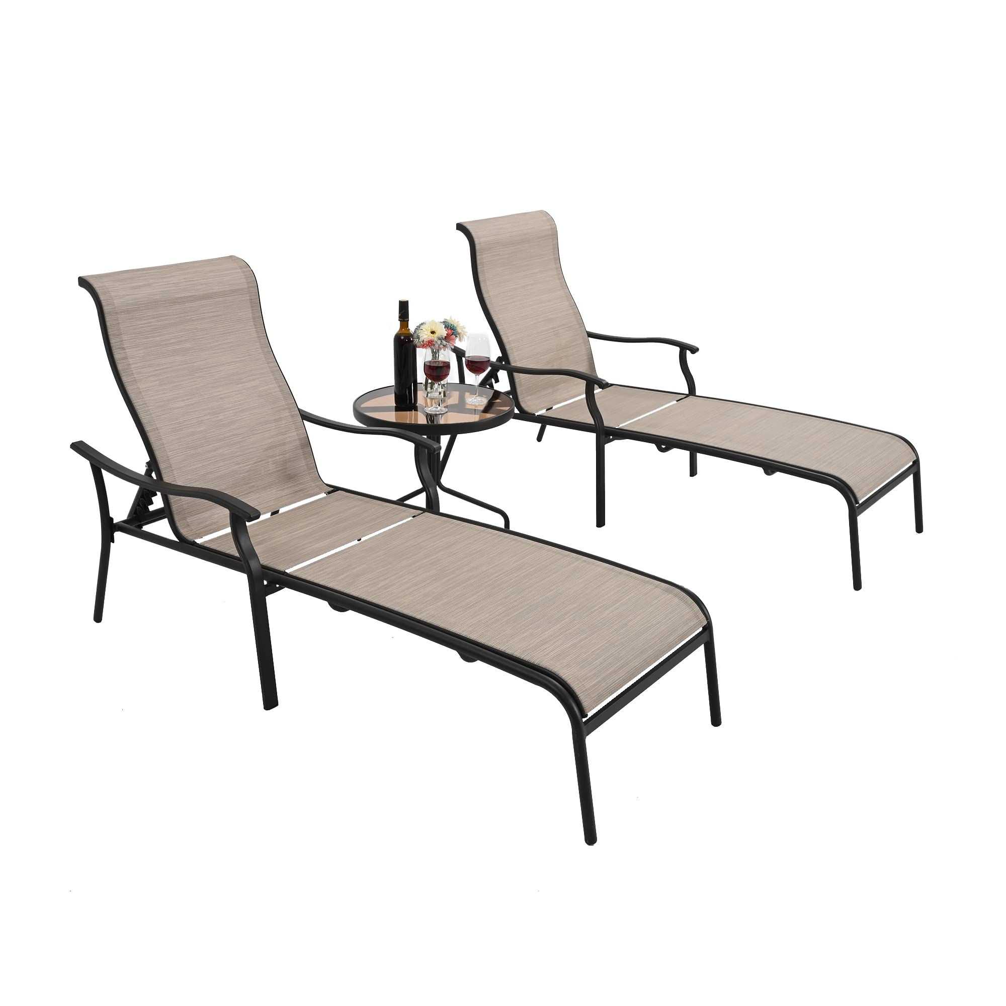 Outdoor Chaise Lounge Set - 3-Piece Patio Furniture with Glass Coffee Table & Breathable Textilene Fabric - Poolside, Backyard, Garden Relaxation (Khaki)