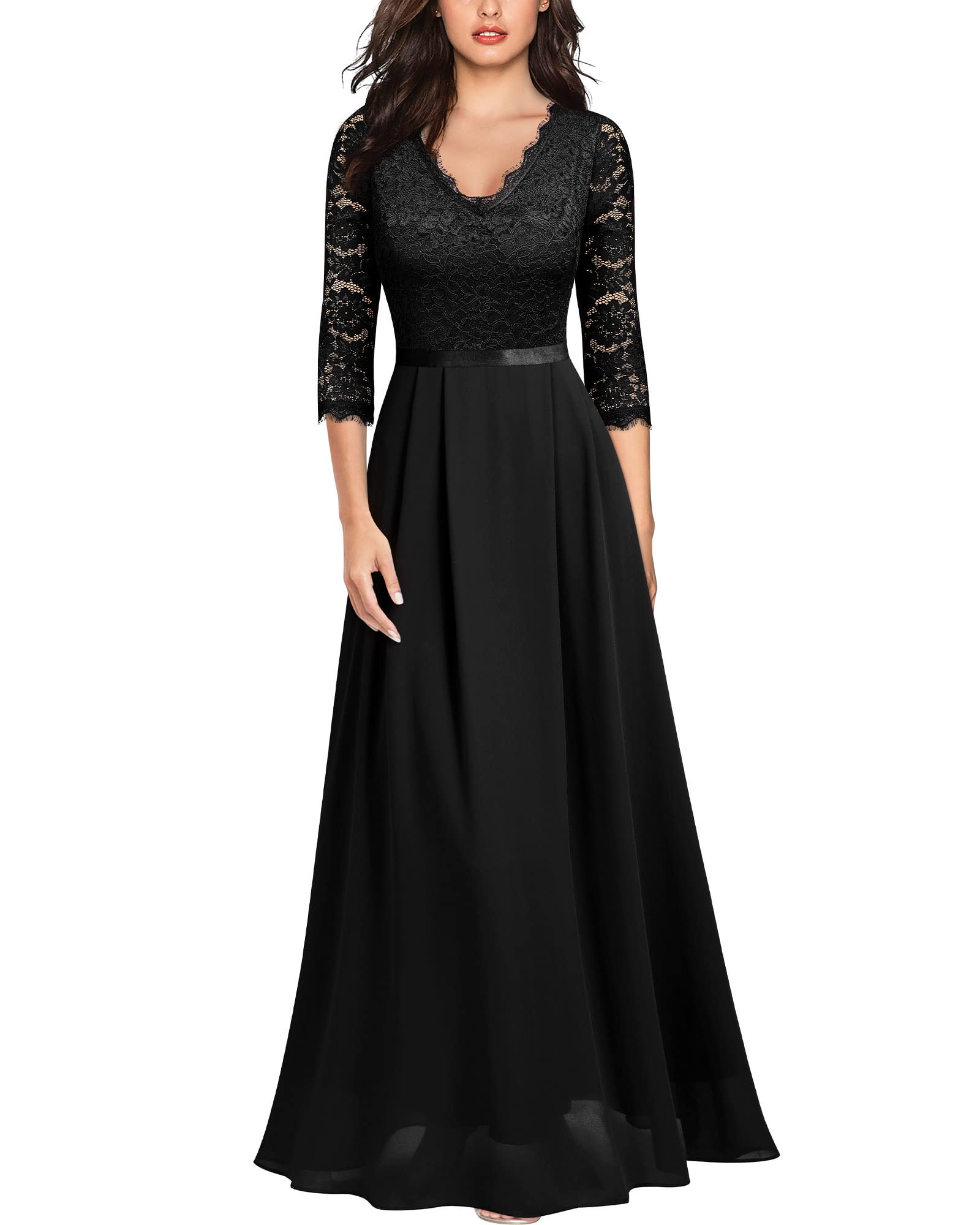 MISSMAY Women's Floral Lace Formal Evening Dress Long Sleeve Maxi Gown for Wedding, Prom, Cocktail Party & Special Occasions