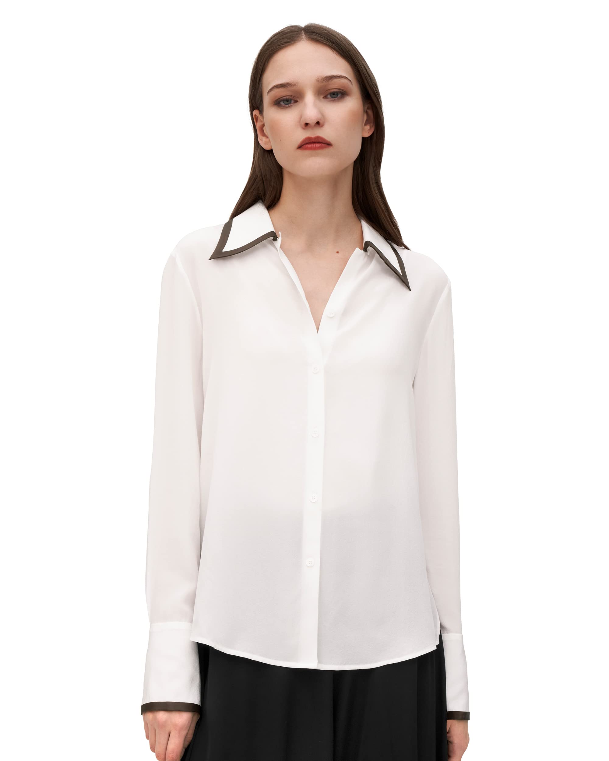 Luxury LilySilk Women's Silk Blouse with Contrast Piping - Elegant Willow Print Shirt Tops for Work, Party & Special Occasions