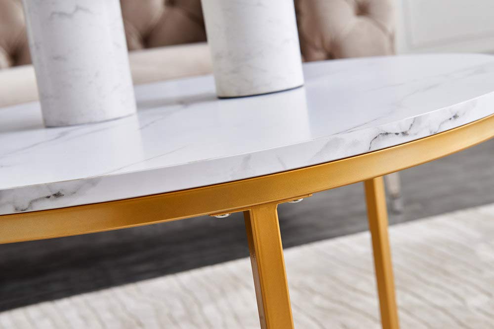 Modern Round Nesting Coffee Table Set of 2 - White & Gold Metal Frame with Wood Tabletop - Accent Side Tables for Living Room, Bedroom or Office - Space Saving Furniture for Small Spaces